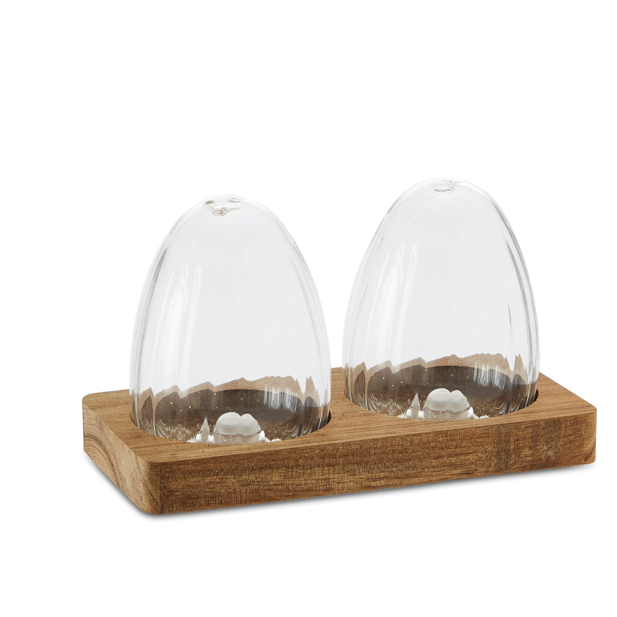 Salero y pimentero de cristal y madera