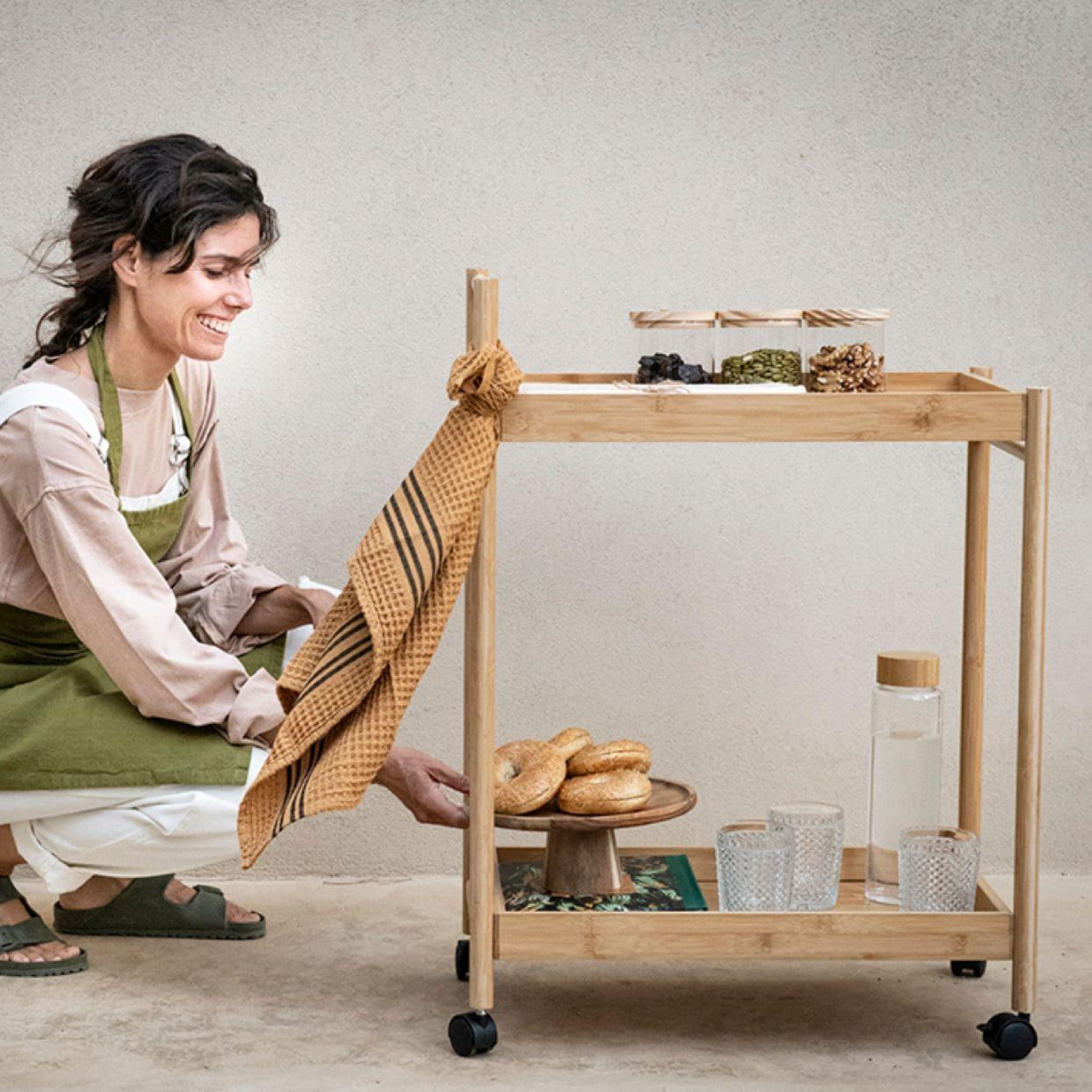 Beige bamboo waitress cart