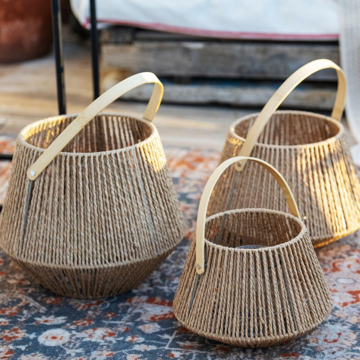 Rustic brown candle holder lantern made of natural fiber 43cm