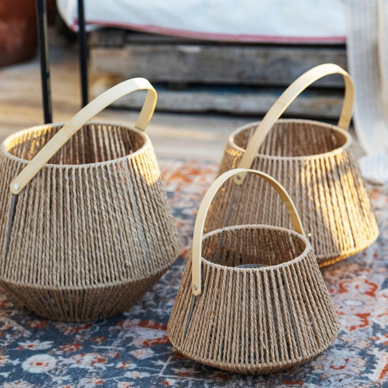 Rustic brown candle holder lantern made of natural fiber 28cm