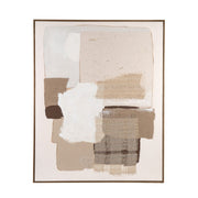 Cuadro abstracto texturizado en tonos beige, blanco y marrón con aplicaciones textiles y marco de madera