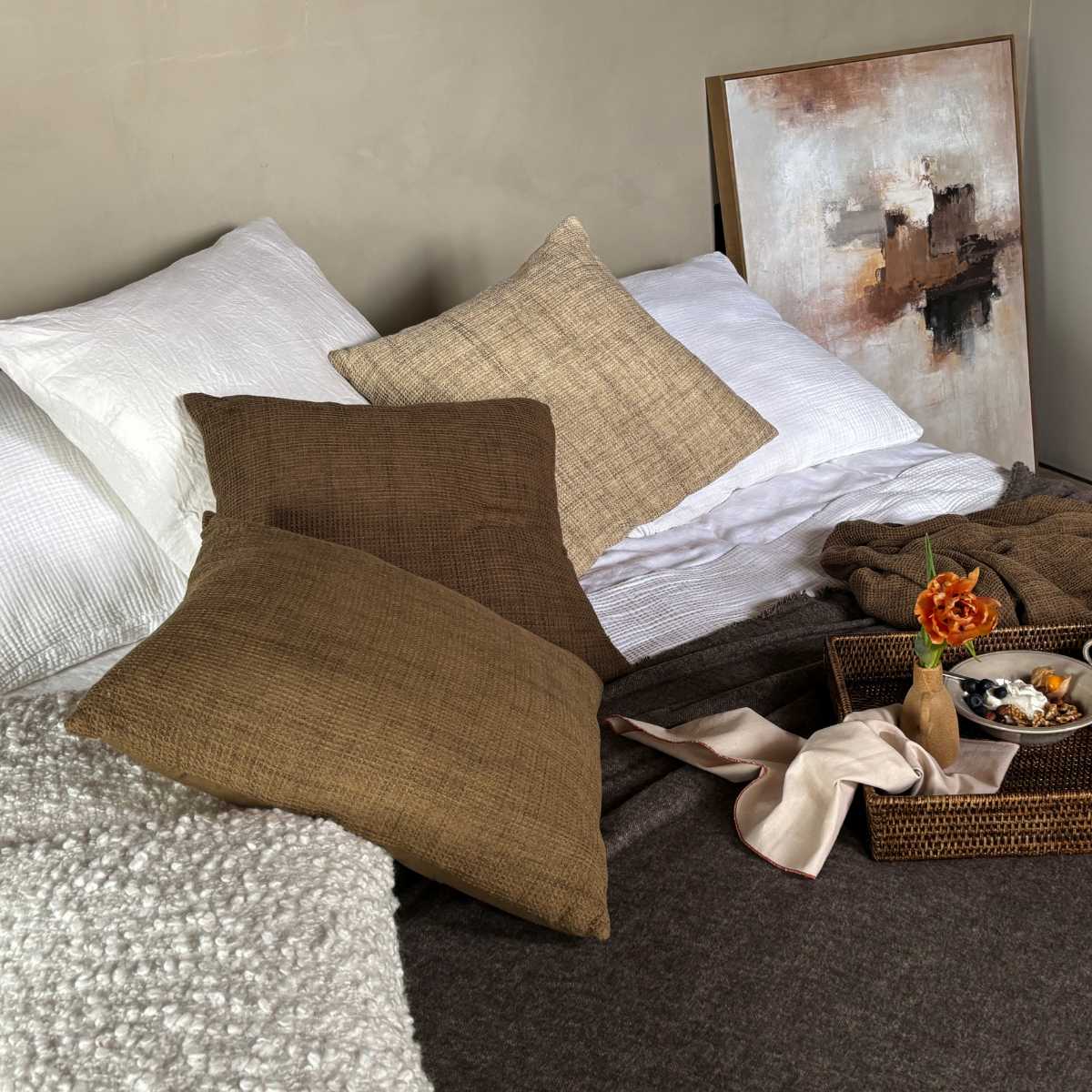 Cojín de algodón cuadrado marrón waffle 