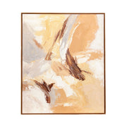Cuadro abstracto texturizado con pinceladas en tonos beige, blanco, ocre y marrón con marco de madera