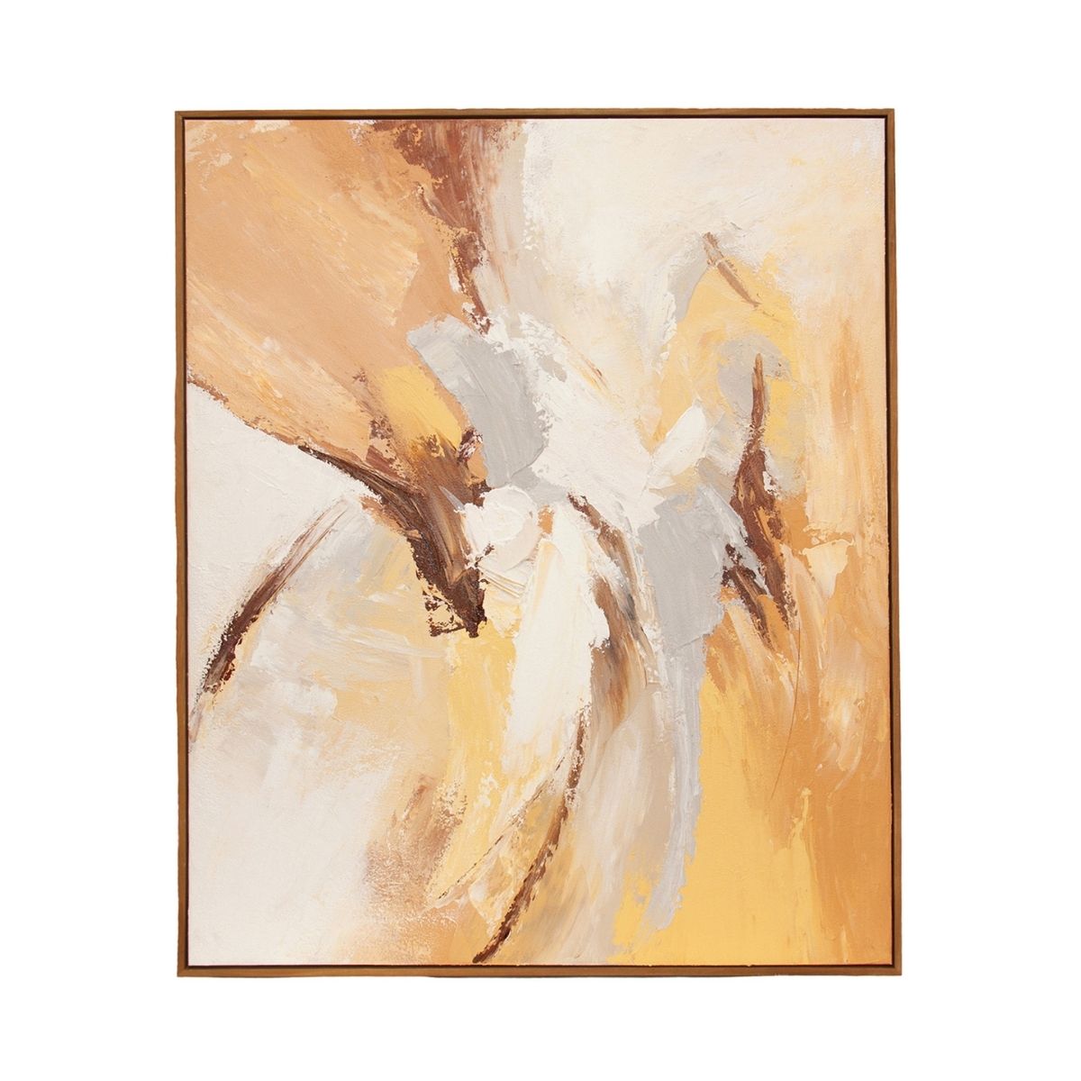 Cuadro abstracto texturizado en tonos beige, blanco, gris y marrón con marco de madera
