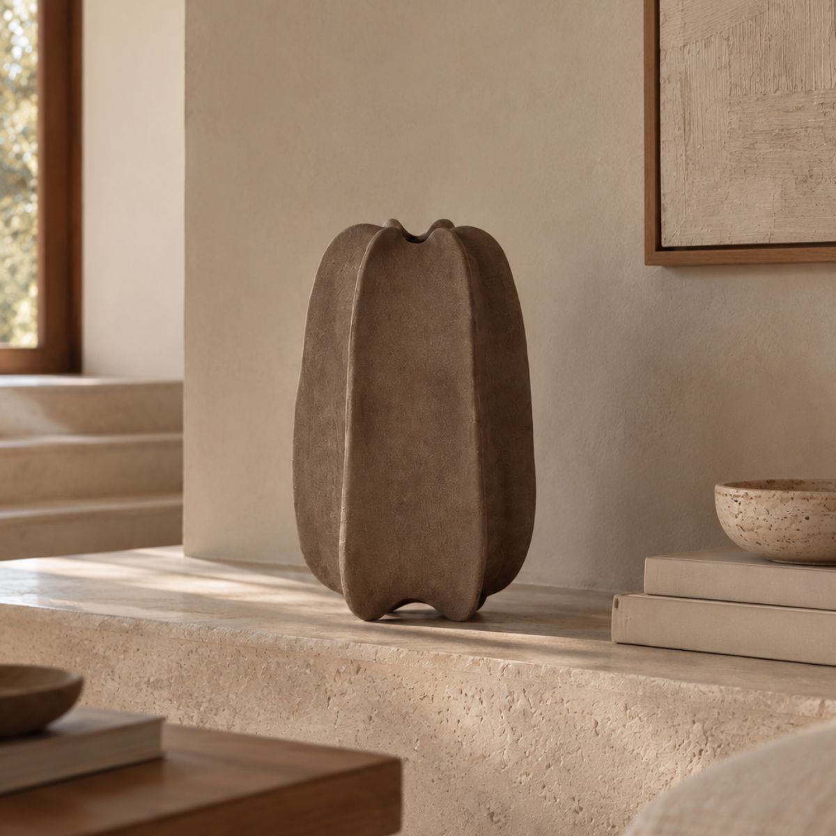 Jarrón decorativo marrón de formas orgánicas sobre consola de piedra en salón de tonos neutros.