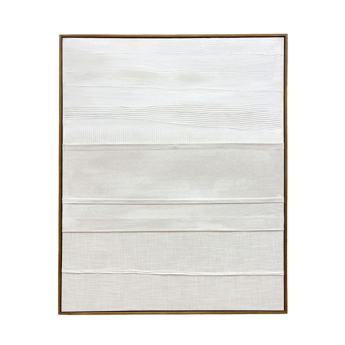 Cuadro abstracto texturizado en tonos blanco y beige con líneas horizontales y marco de madera