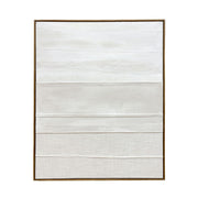 Cuadro abstracto texturizado en tonos blanco y beige con líneas horizontales y marco de madera
