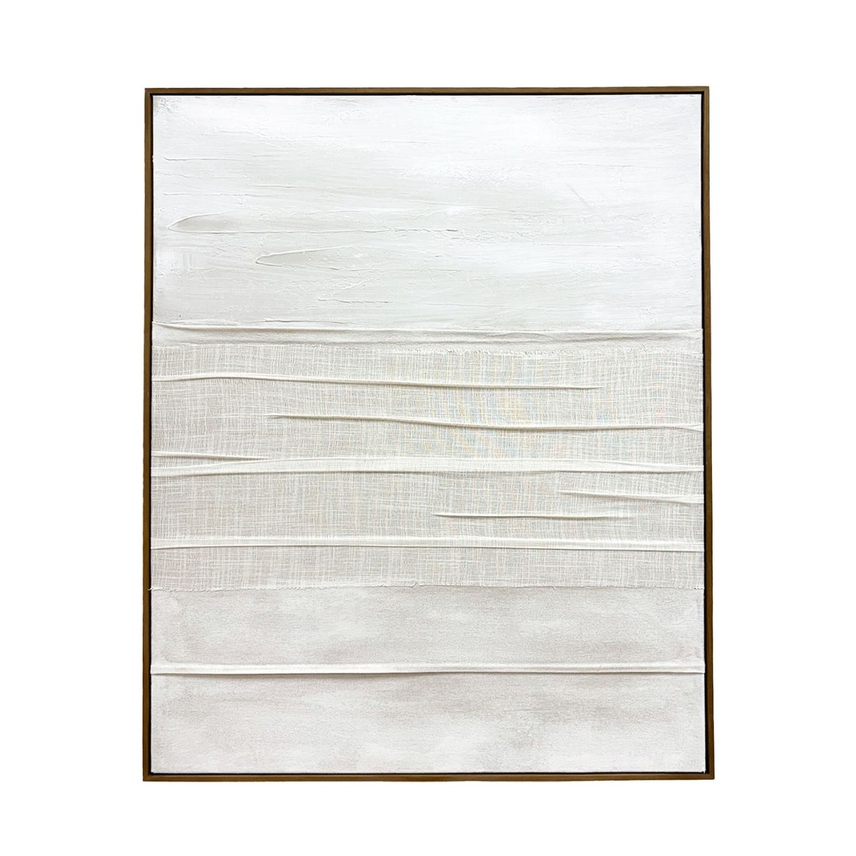 Cuadro abstracto texturizado en tonos blanco y beige con detalles textiles y marco de madera