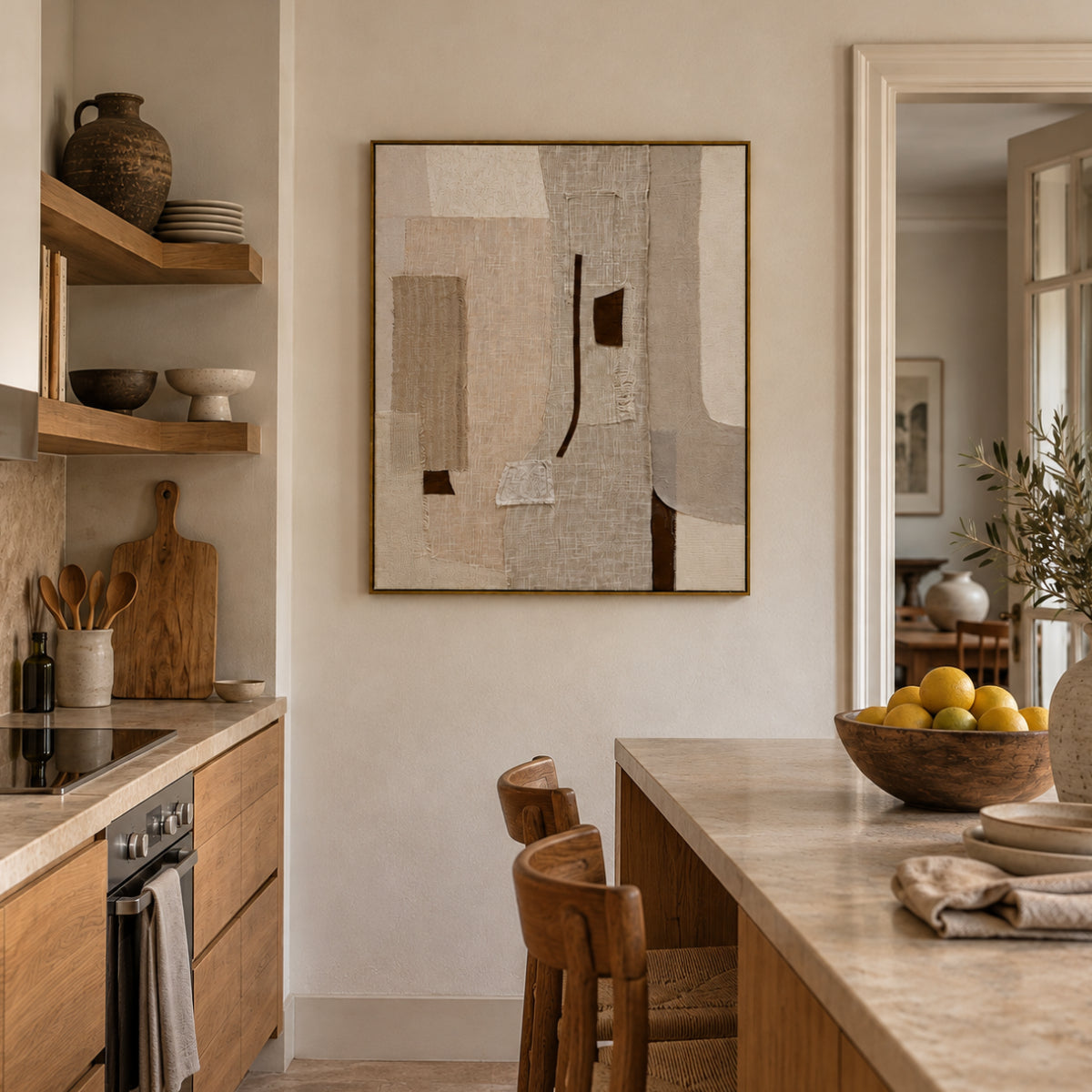 Cuadro abstracto vertical con relieve y texturas en tonos beige, crema y marrón, con marco fino, decorando una cocina de estilo mediterráneo con muebles de madera.