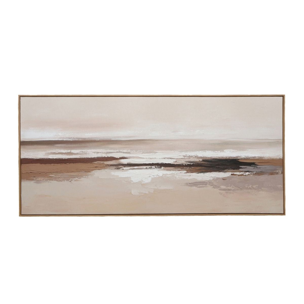 Cuadro abstracto horizontal en tonos beige, blanco y marrón con marco fino