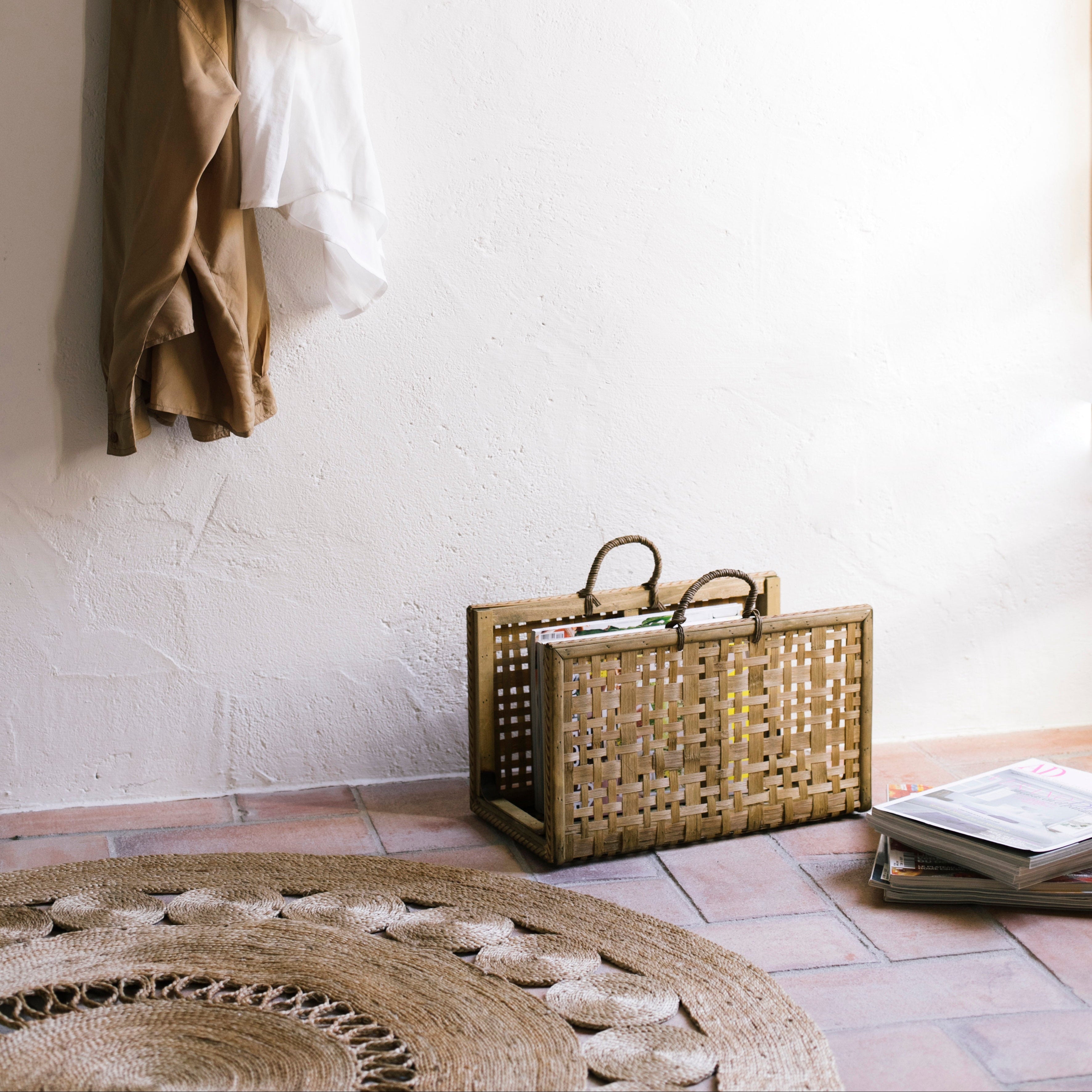 Brown bamboo basket magazine rack