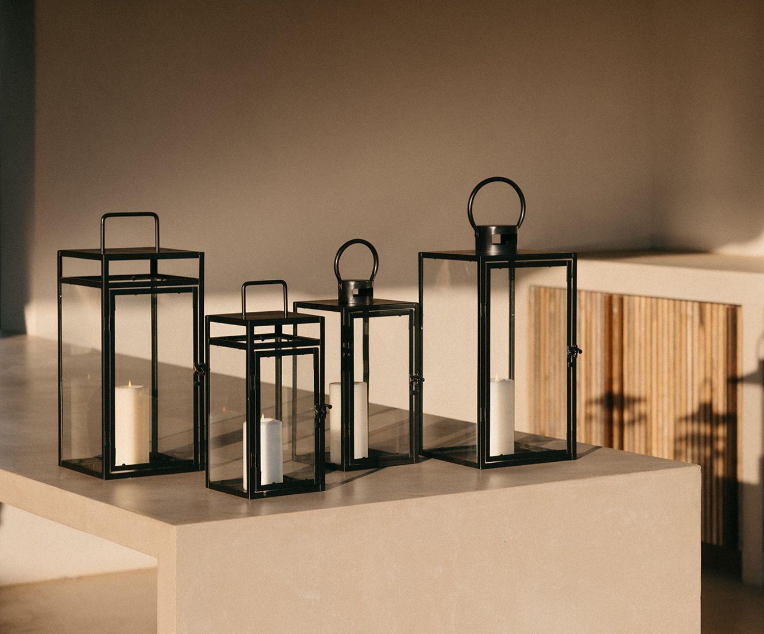 Black industrial metal candle holder with round handle 42cm 