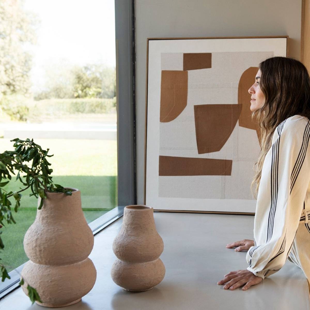 Jarrón decorativo de gres Kaoma beige 35 cm