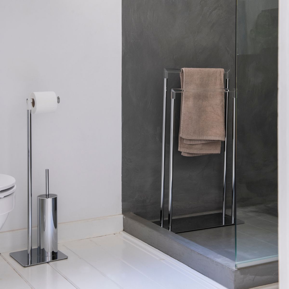 Silver metal toilet roll holder with brush