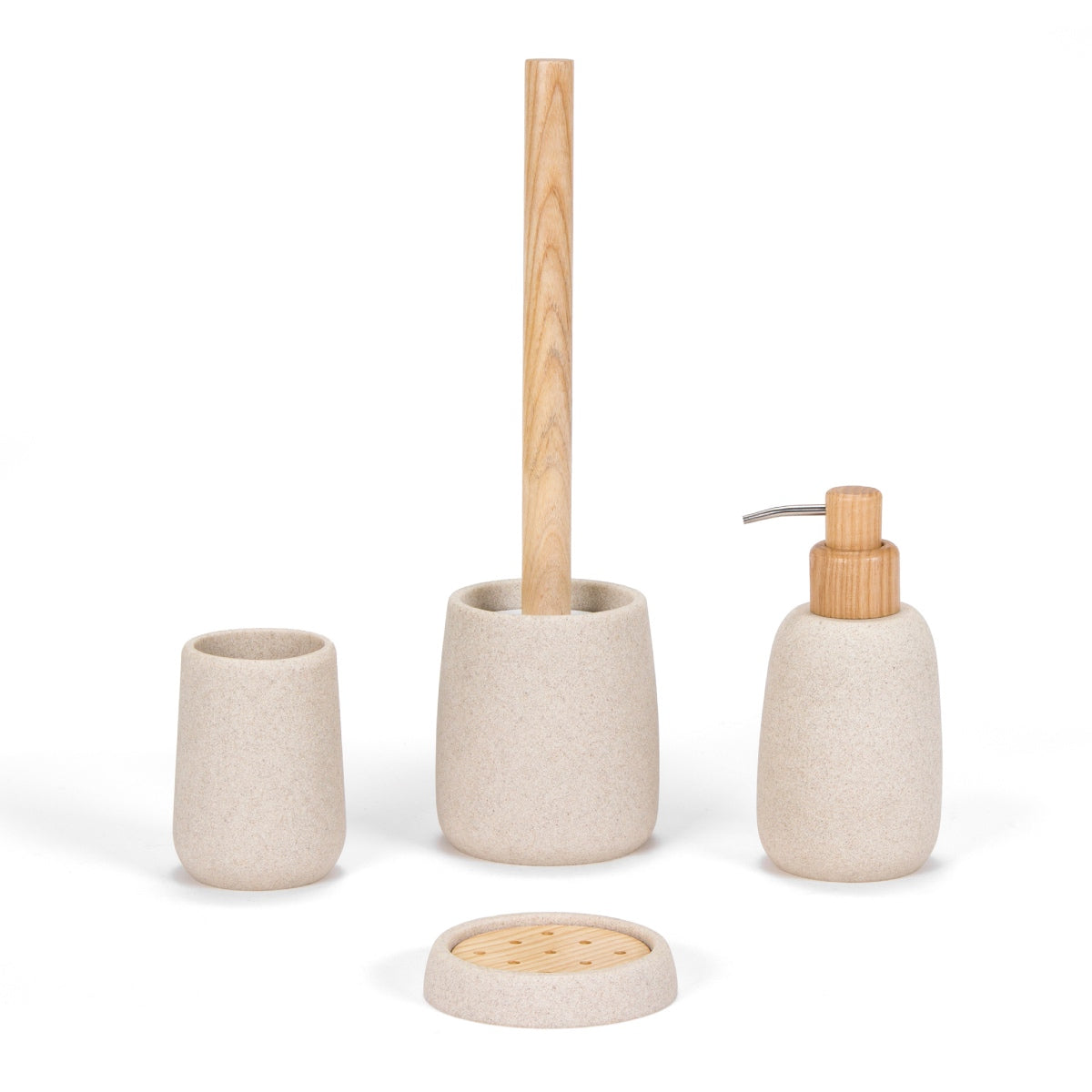 Escobilla de baño beige de arenisca y madera