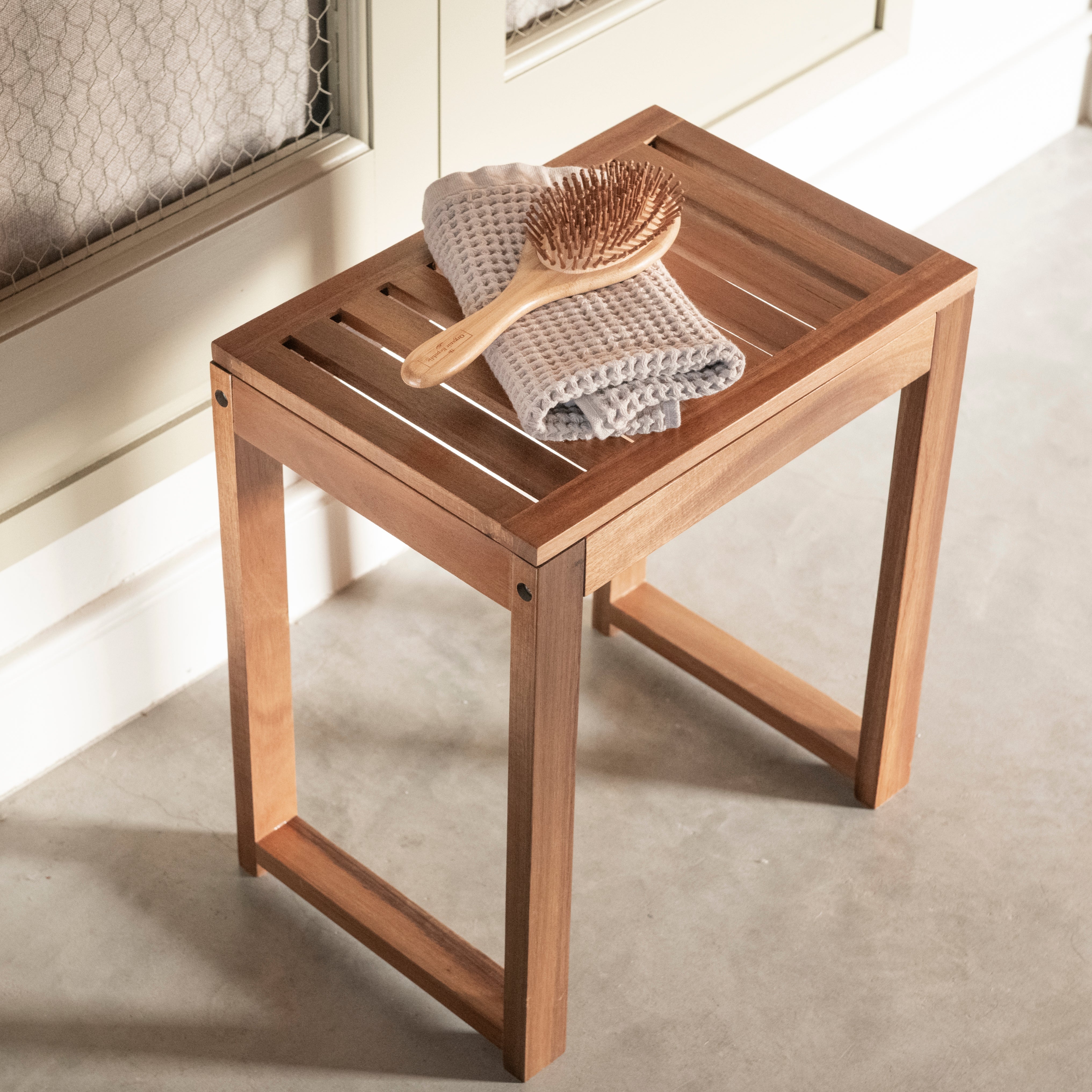 Rustic wooden bathroom stool