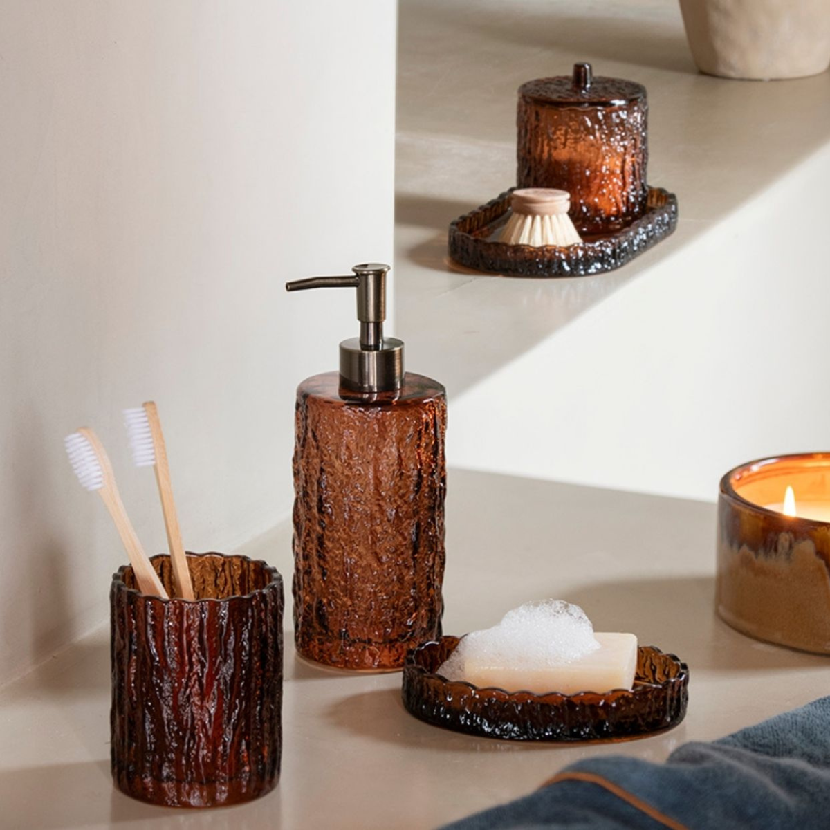 Jabonera de vidrio vintage marrón para baño