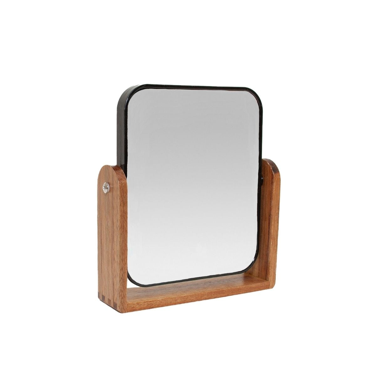 Espejo de sobremesa rectangular con esquinas redondeadas, marco negro y soporte de madera, mostrado por la cara sin aumento.