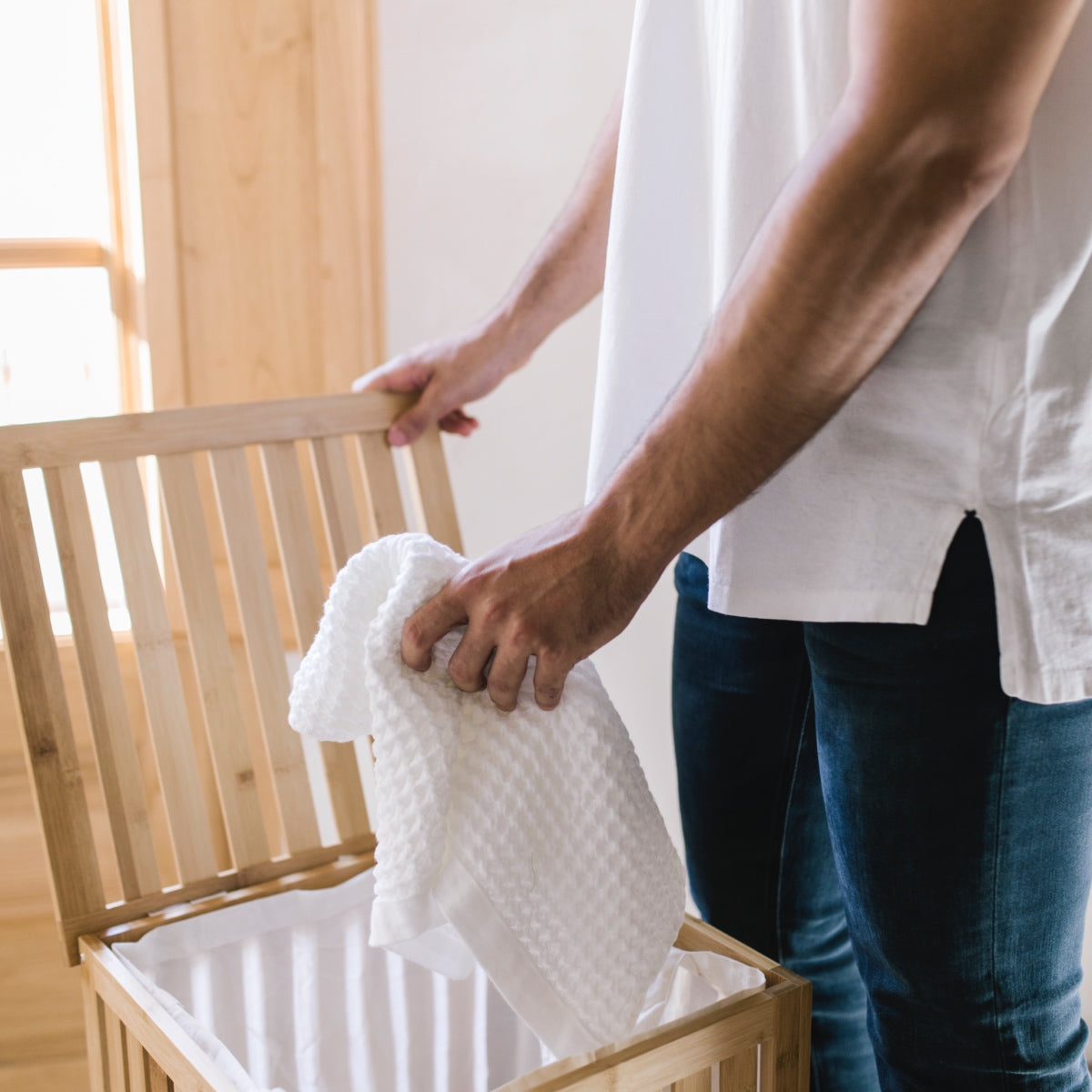 Beige bamboo laundry basket