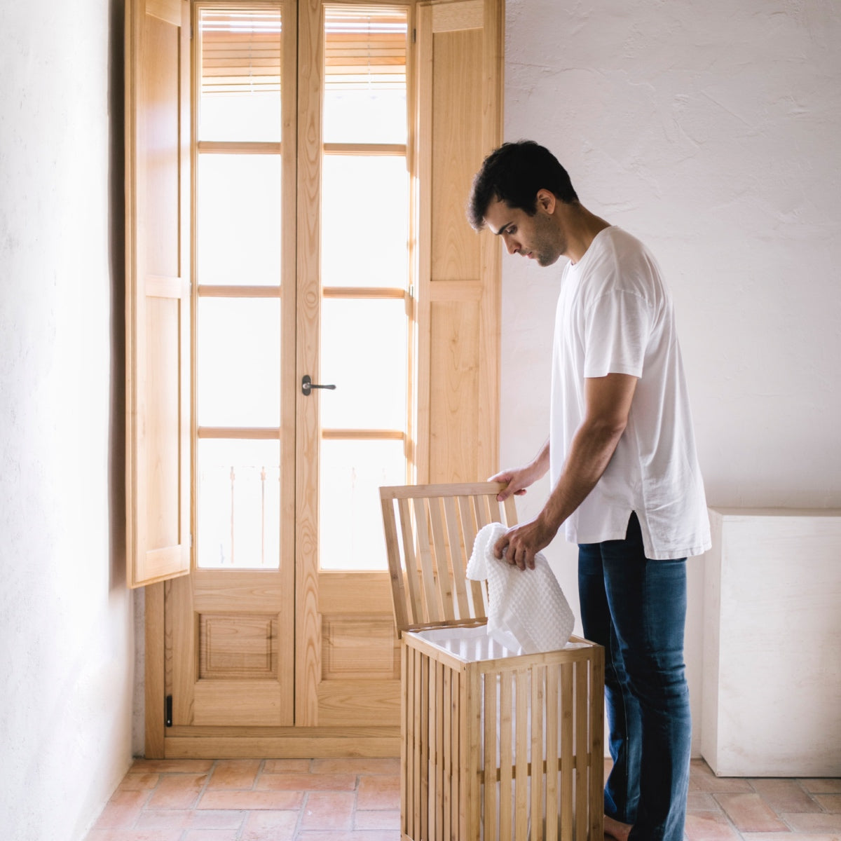 Beige bamboo laundry basket