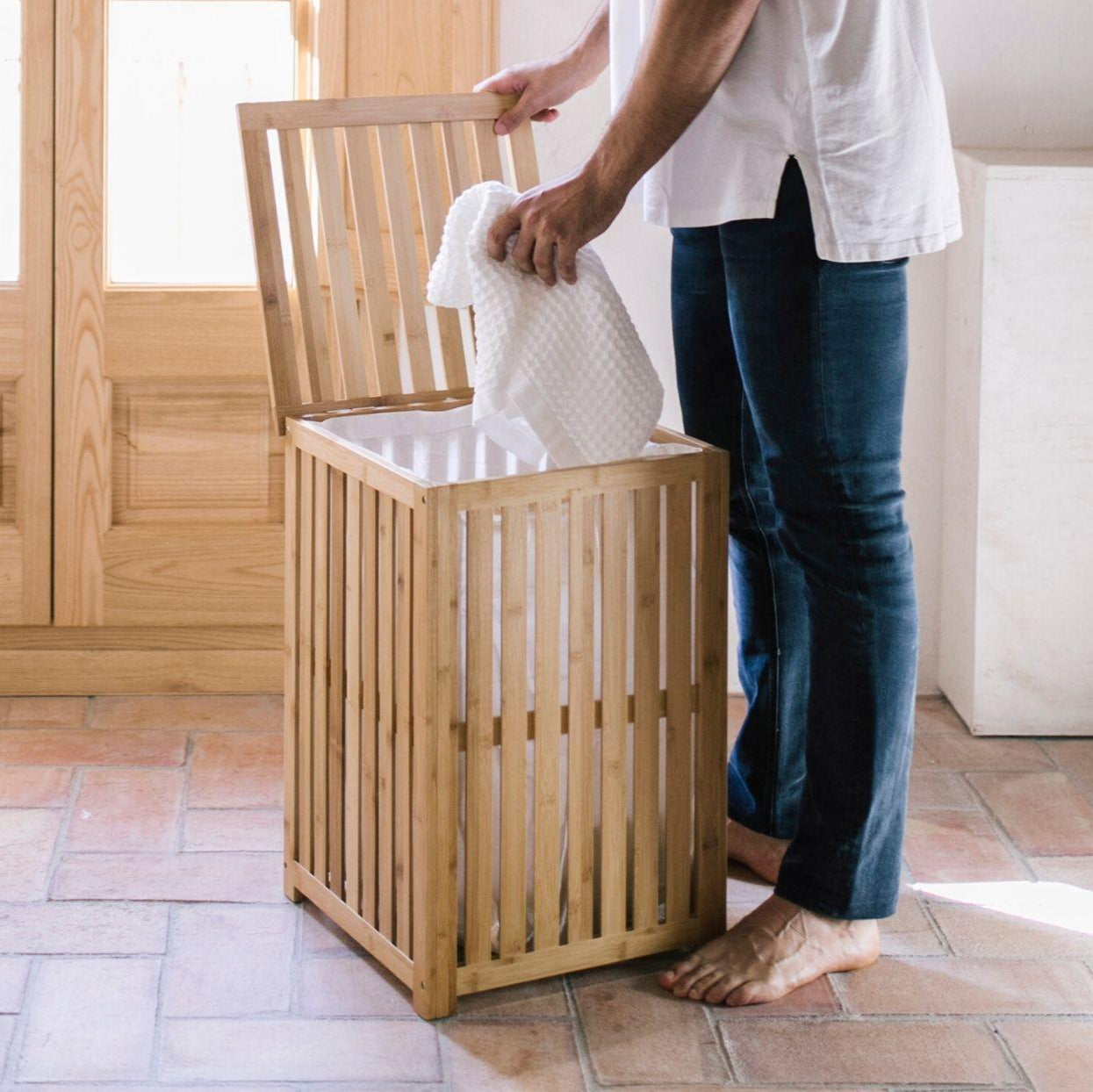 Beige bamboo laundry basket