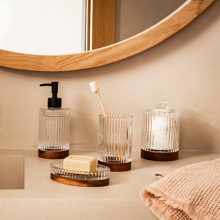 Classic glass and wood bathroom toothbrush holder
