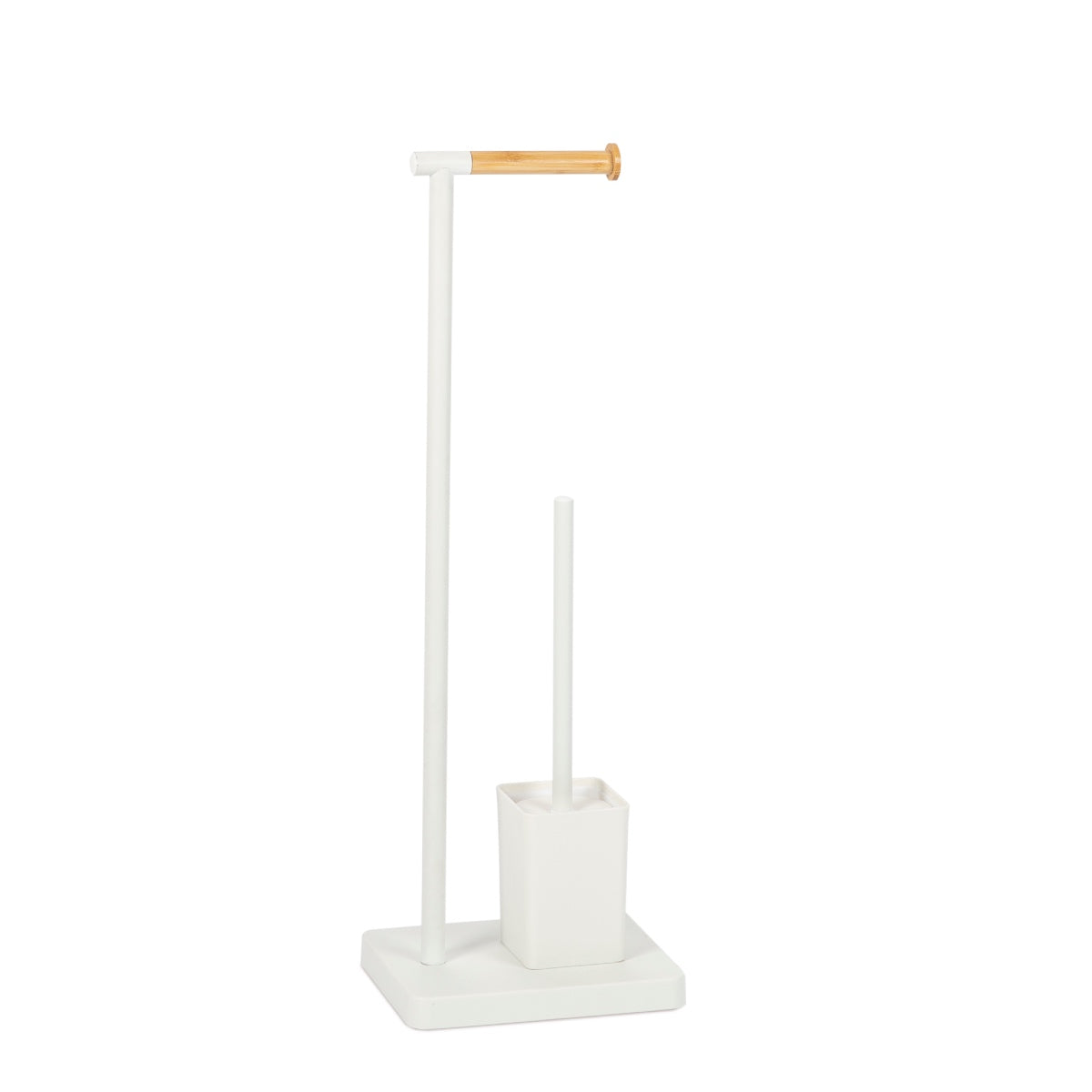 White metal toilet paper holder and toilet brush holder