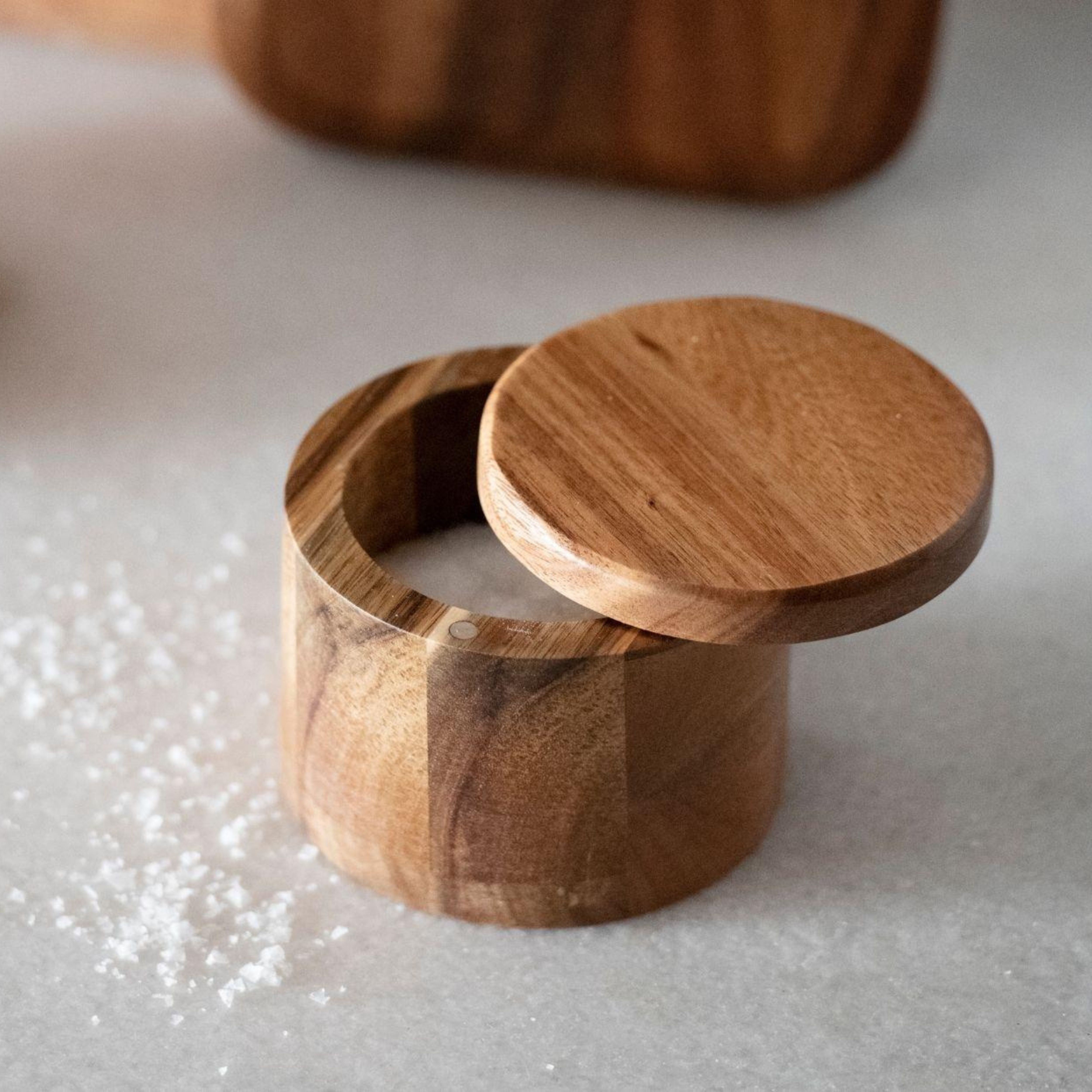 Rustic brown wooden kitchen salt shaker