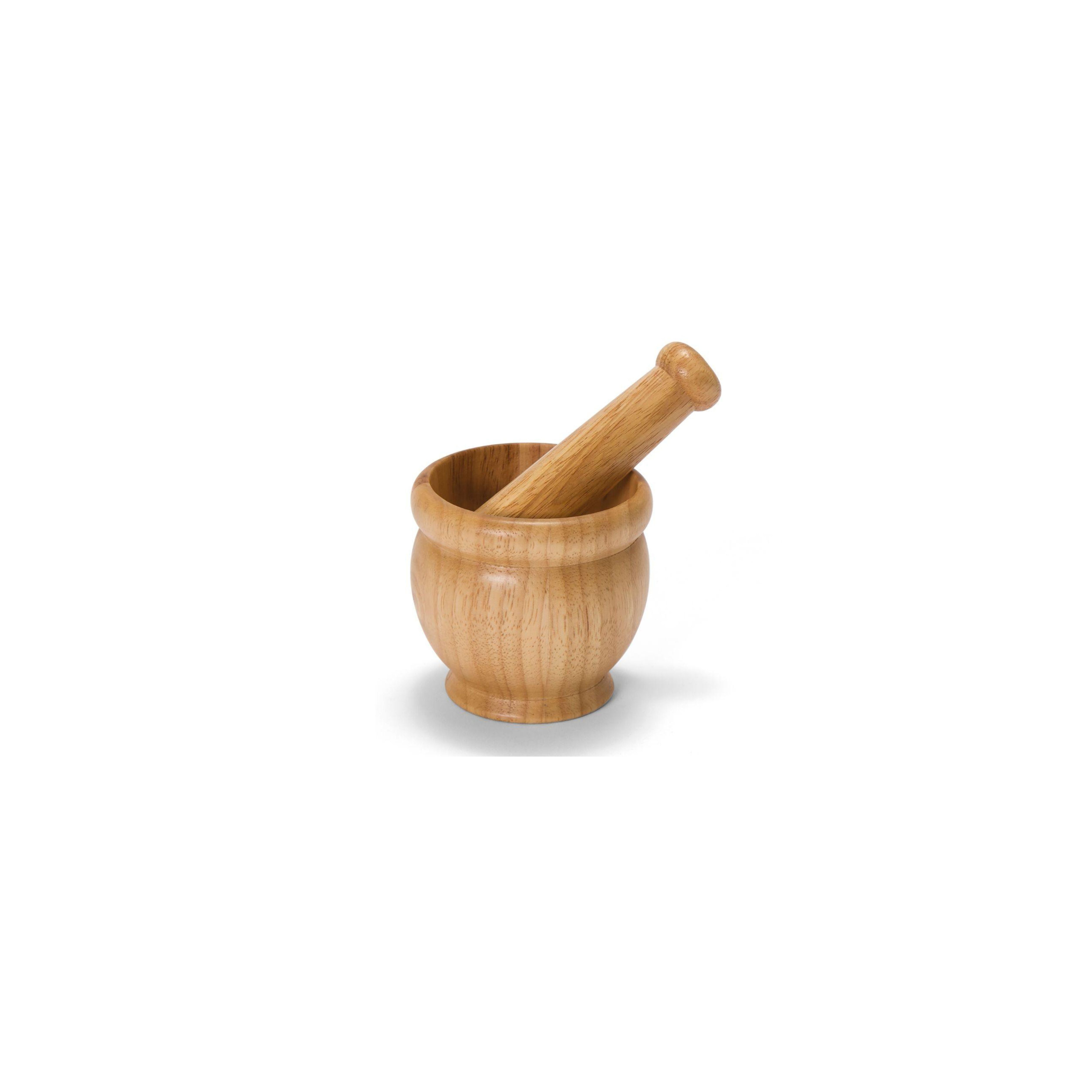 Mortero con mazo de madera marrón