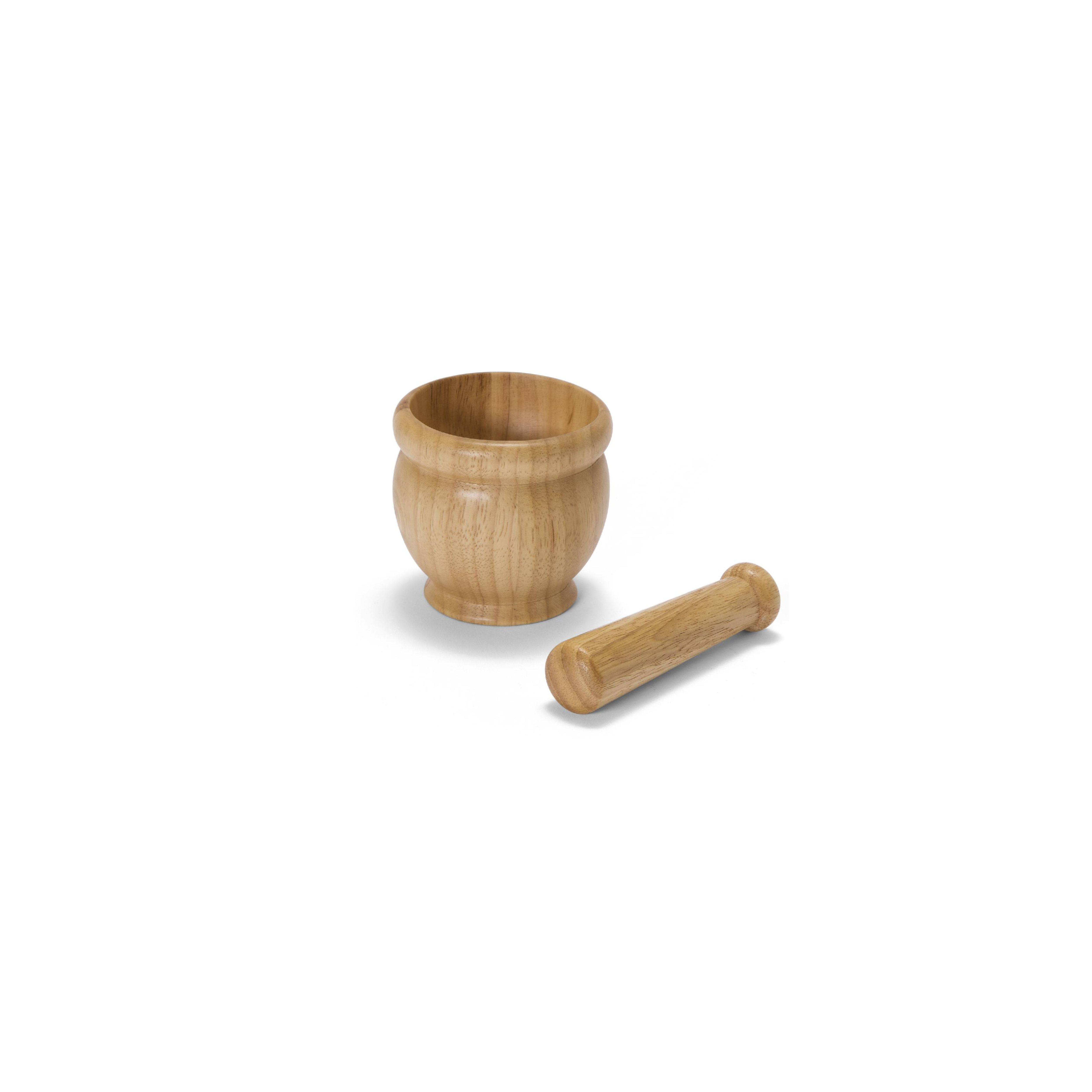 Mortero con mazo de madera marrón