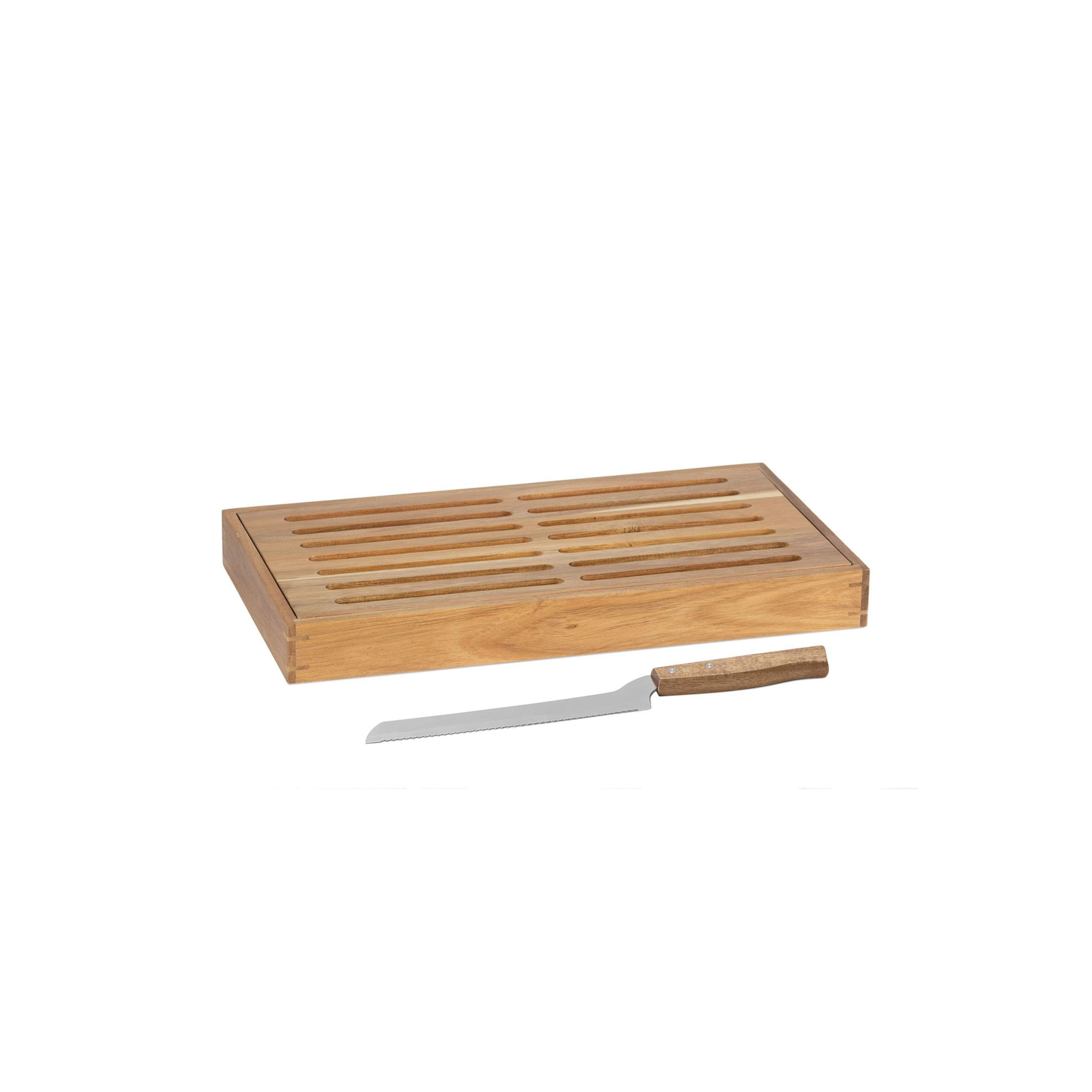 Tabla para cortar pan de madera de acacia con cuchillo