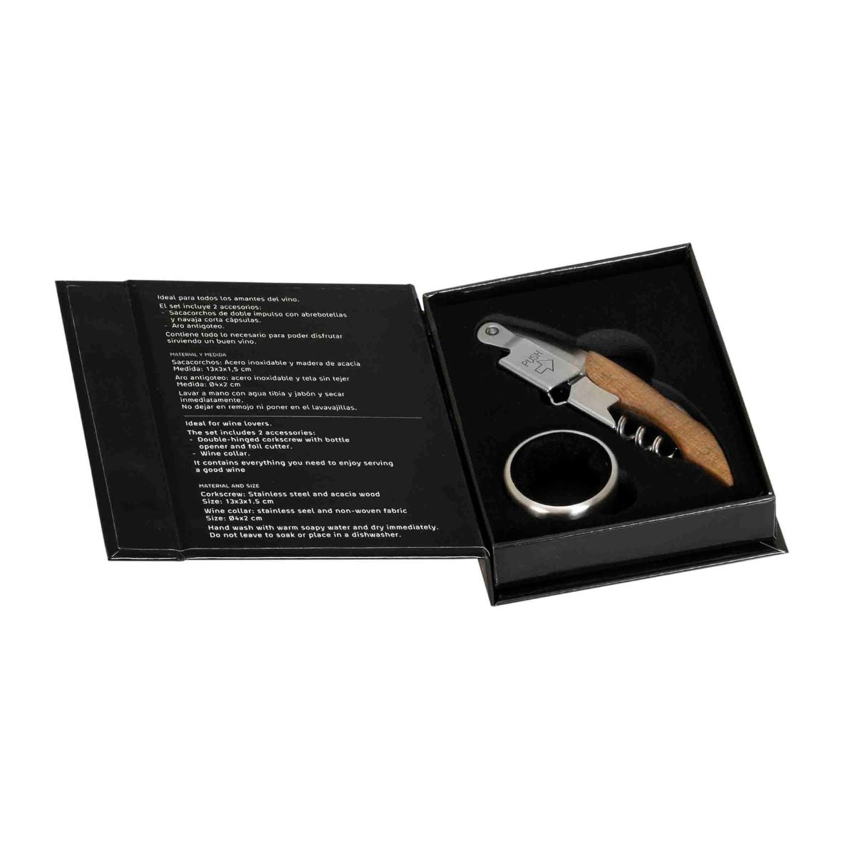 Set de accesorios para vino con sacacorchos de acero inoxidable y madera y aro antigoteo en caja de regalo