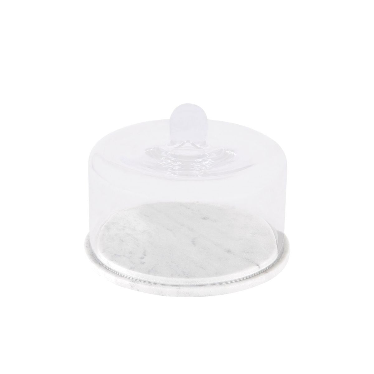 Quesera con base redonda de mármol blanco y campana transparente.