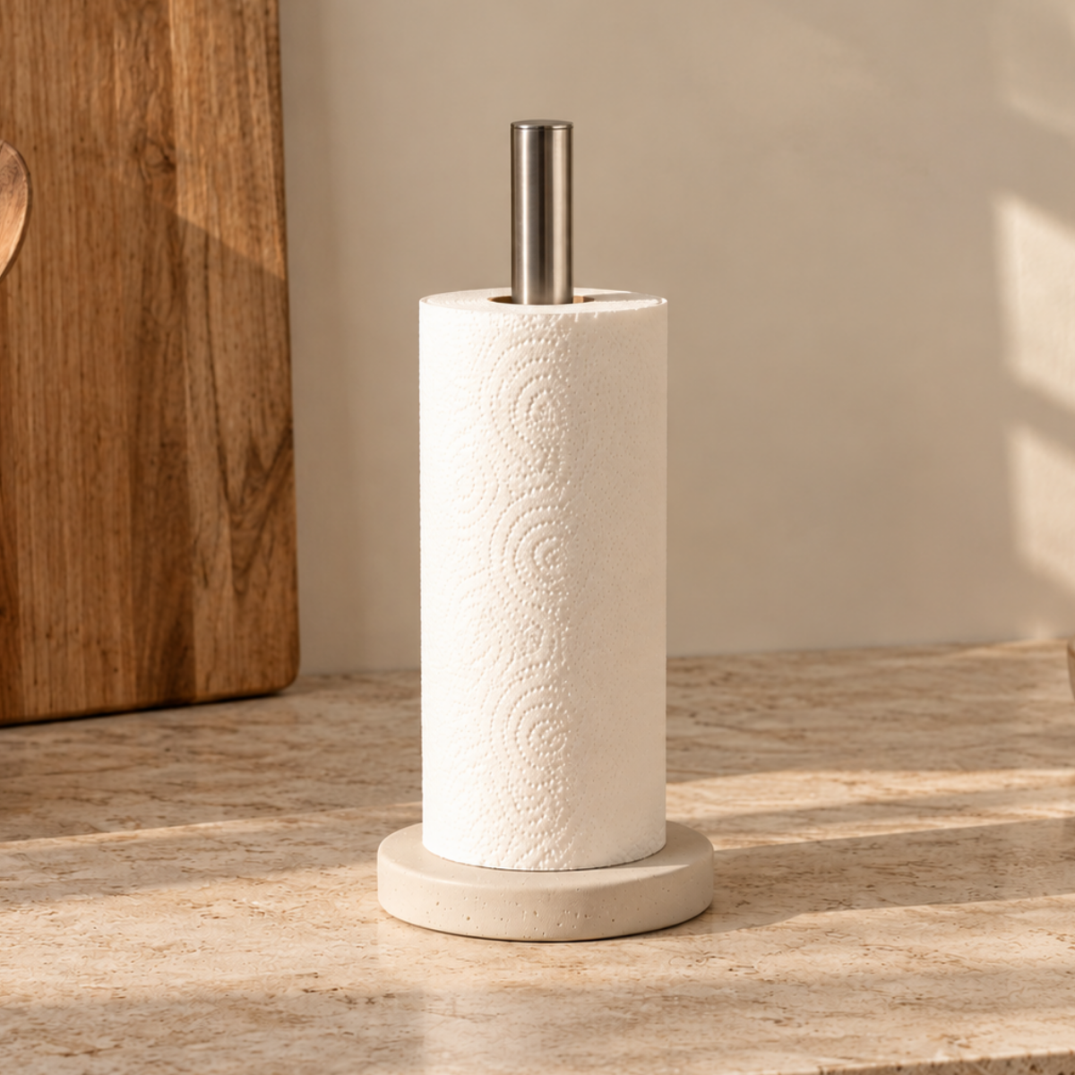 Portarrollos de papel de cocina con base de piedra beige y soporte de acero inoxidable, con rollo de papel colocado sobre encimera.