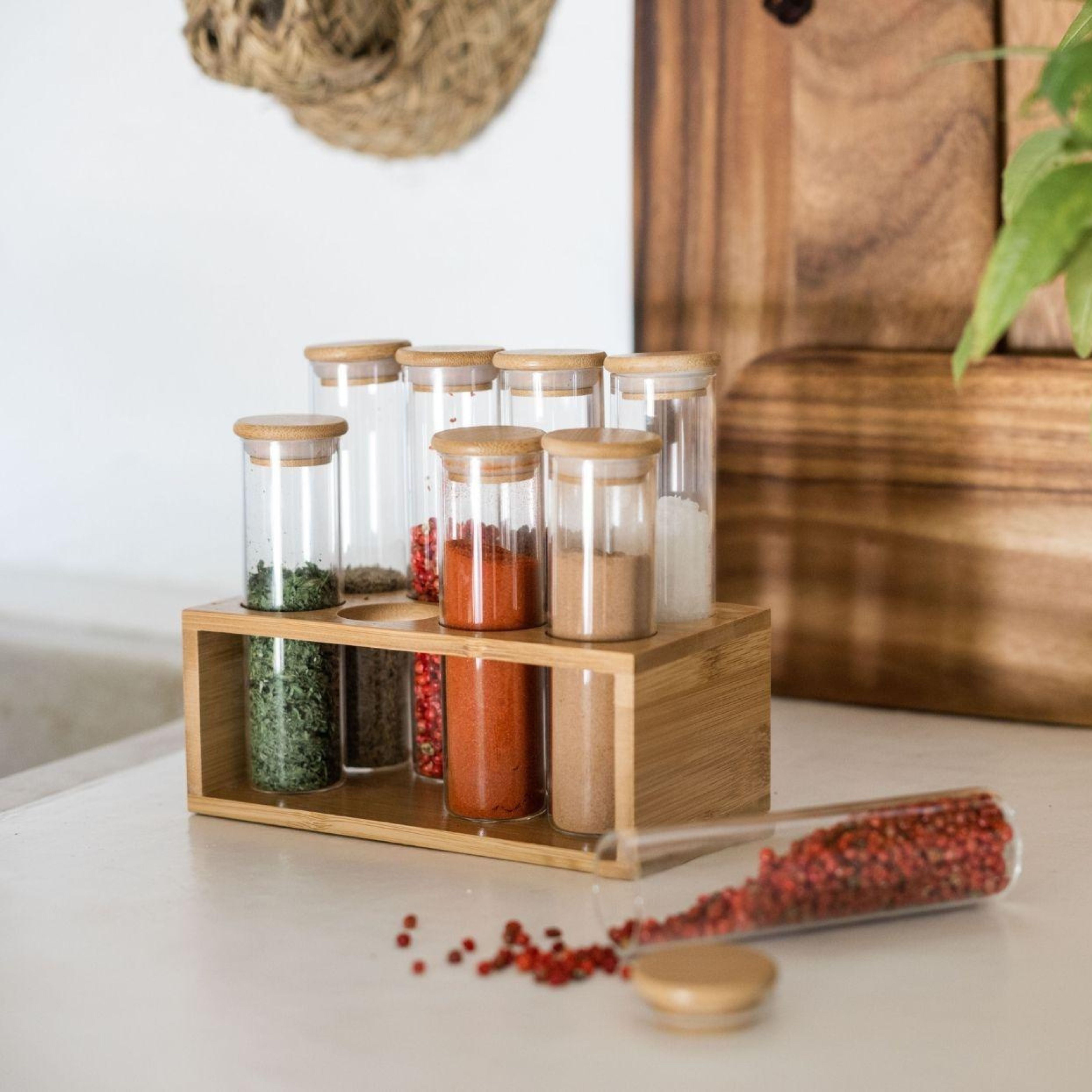 Modern 8-can bamboo spice rack