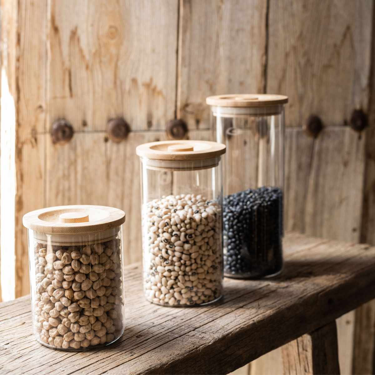 Botes de cocina cristal y bambú 