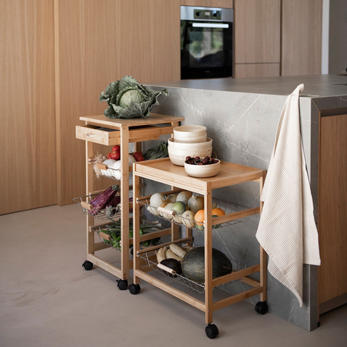 Carro verdulero de bambú con bandeja