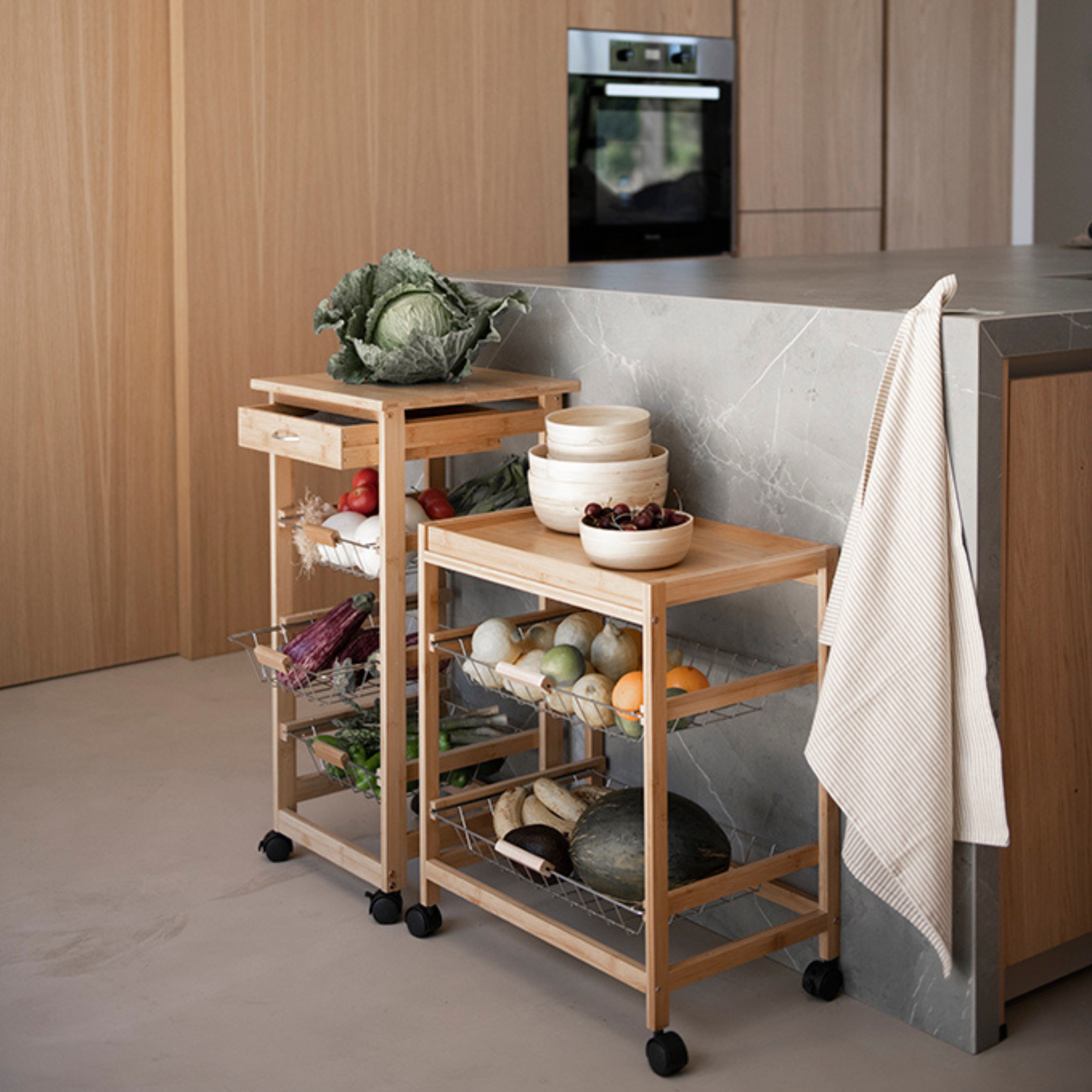 Classic bamboo grocery cart with baskets