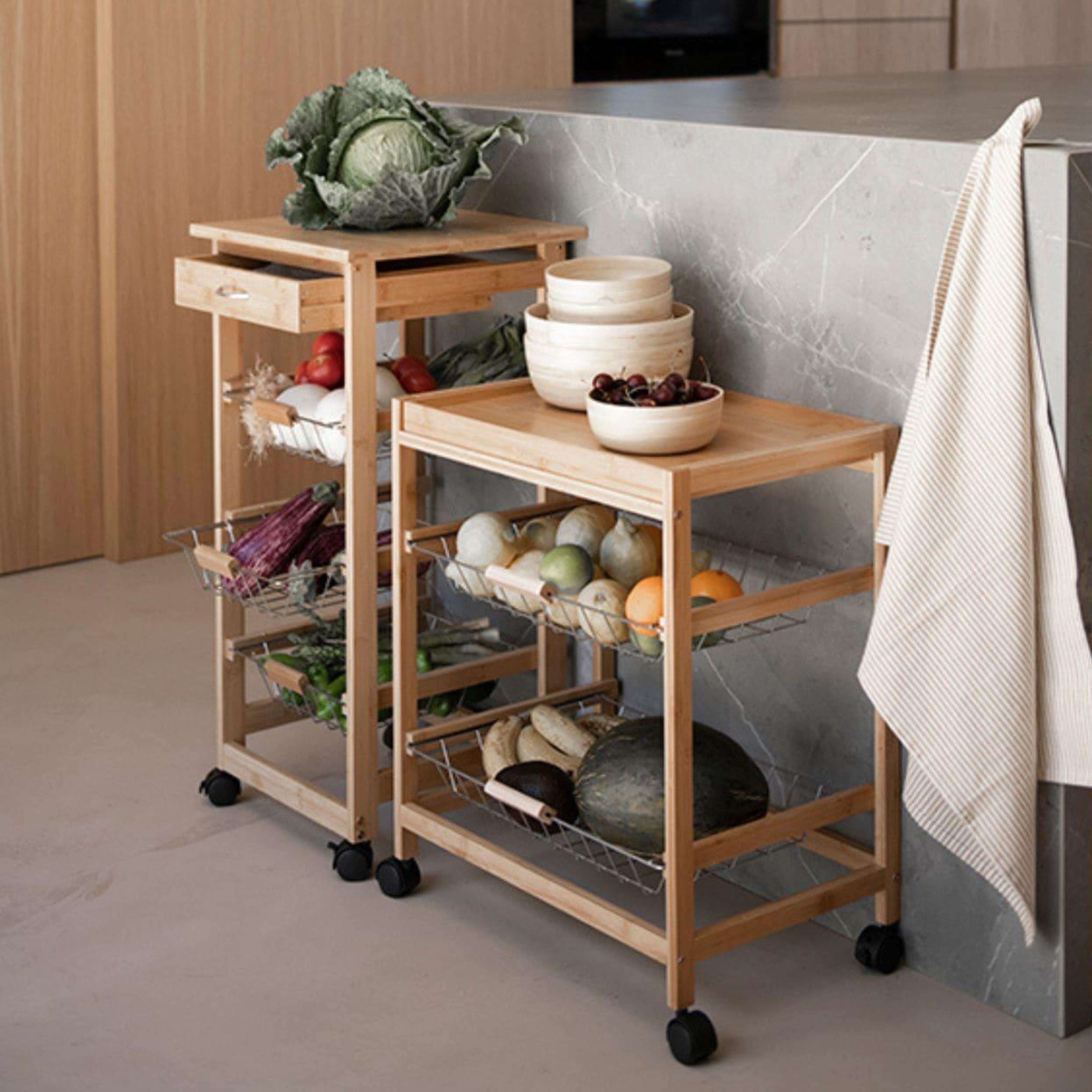 Classic bamboo grocery cart with baskets