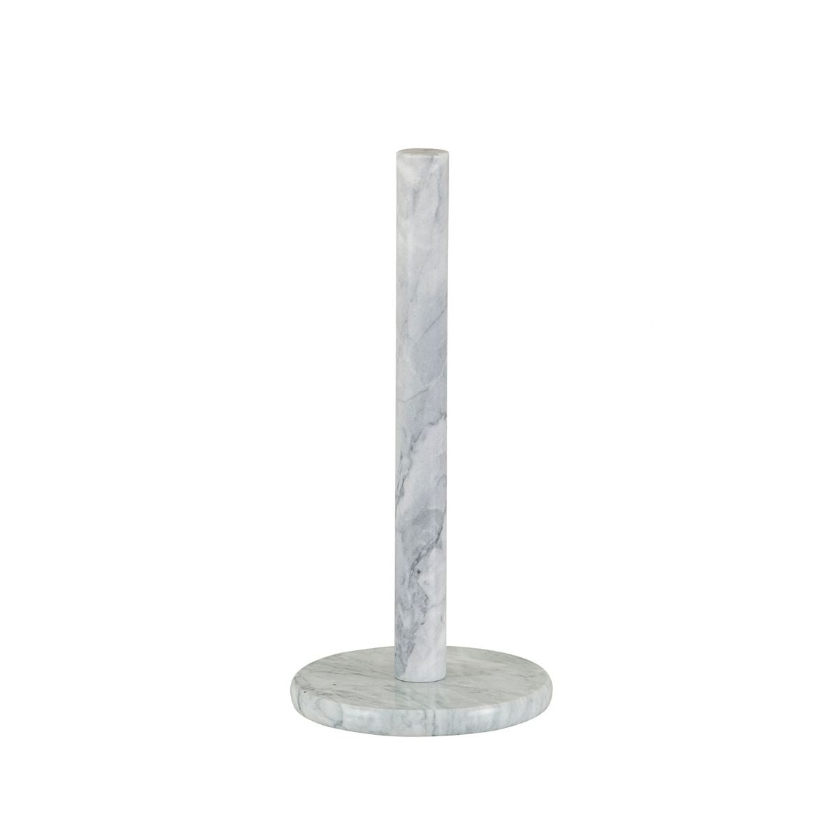 Portarrollos de cocina de mármol blanco con base redonda y soporte vertical.