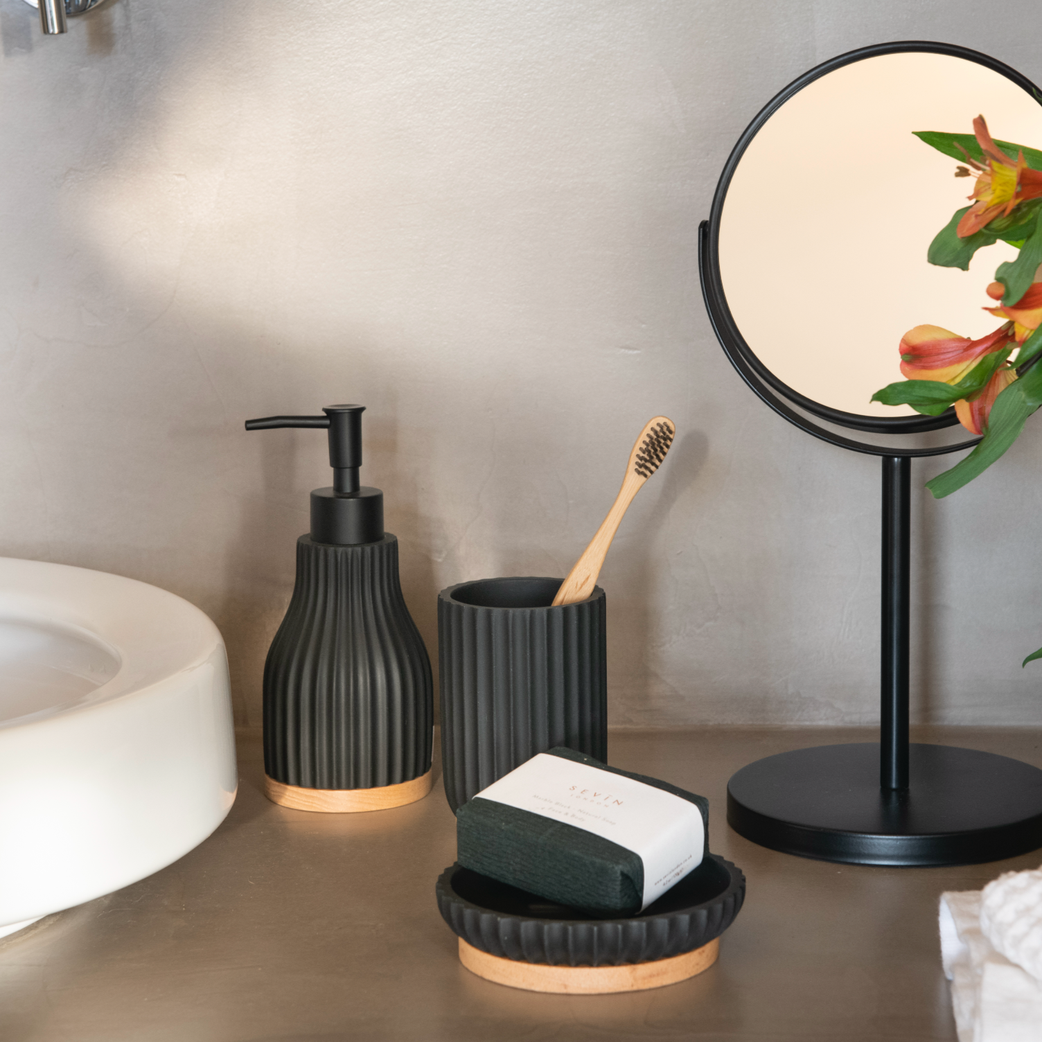Modern bathroom toothbrush holder made of wood and black resin