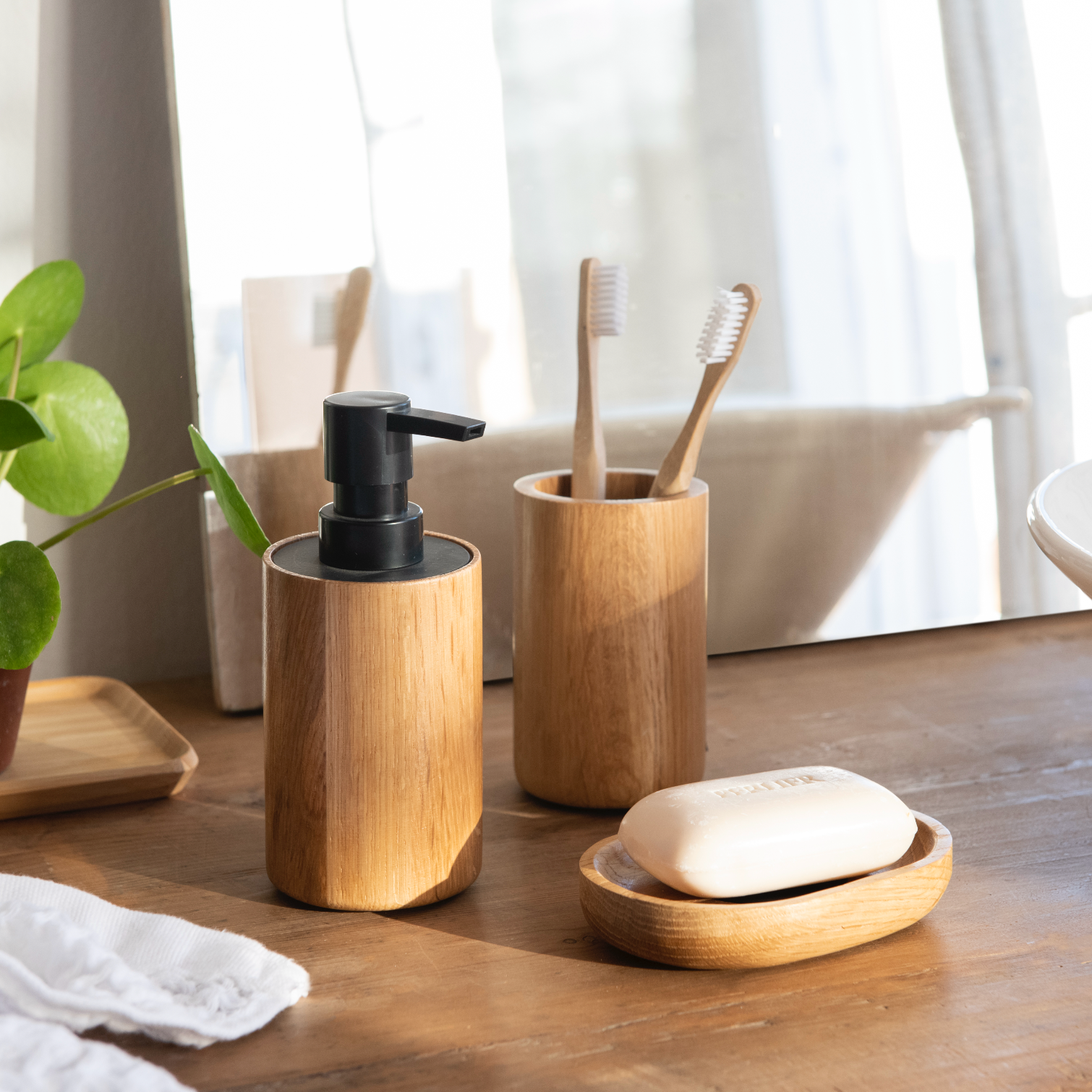 Beige bamboo bathroom dispenser