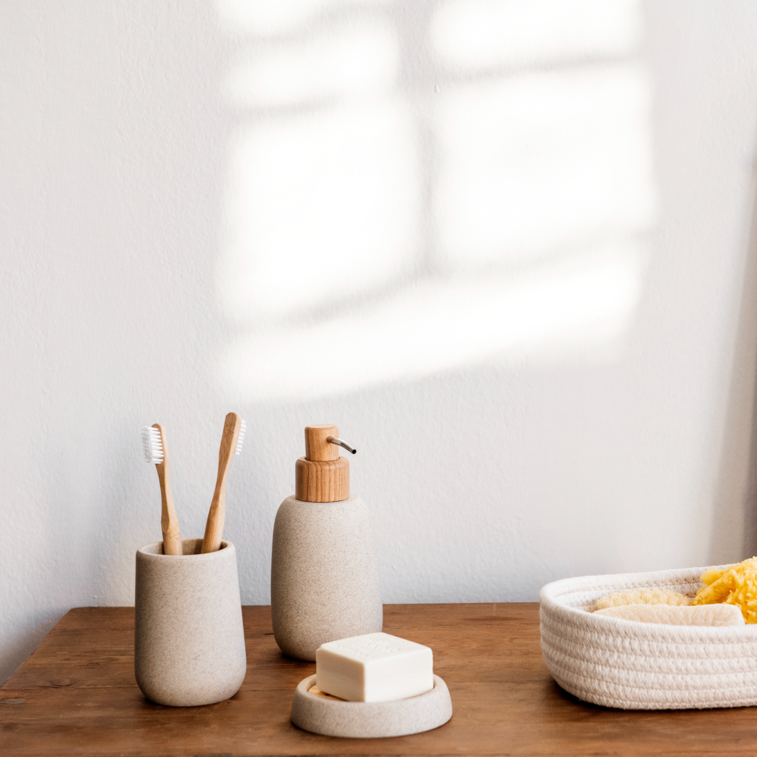 Beige sandstone bathroom dispenser