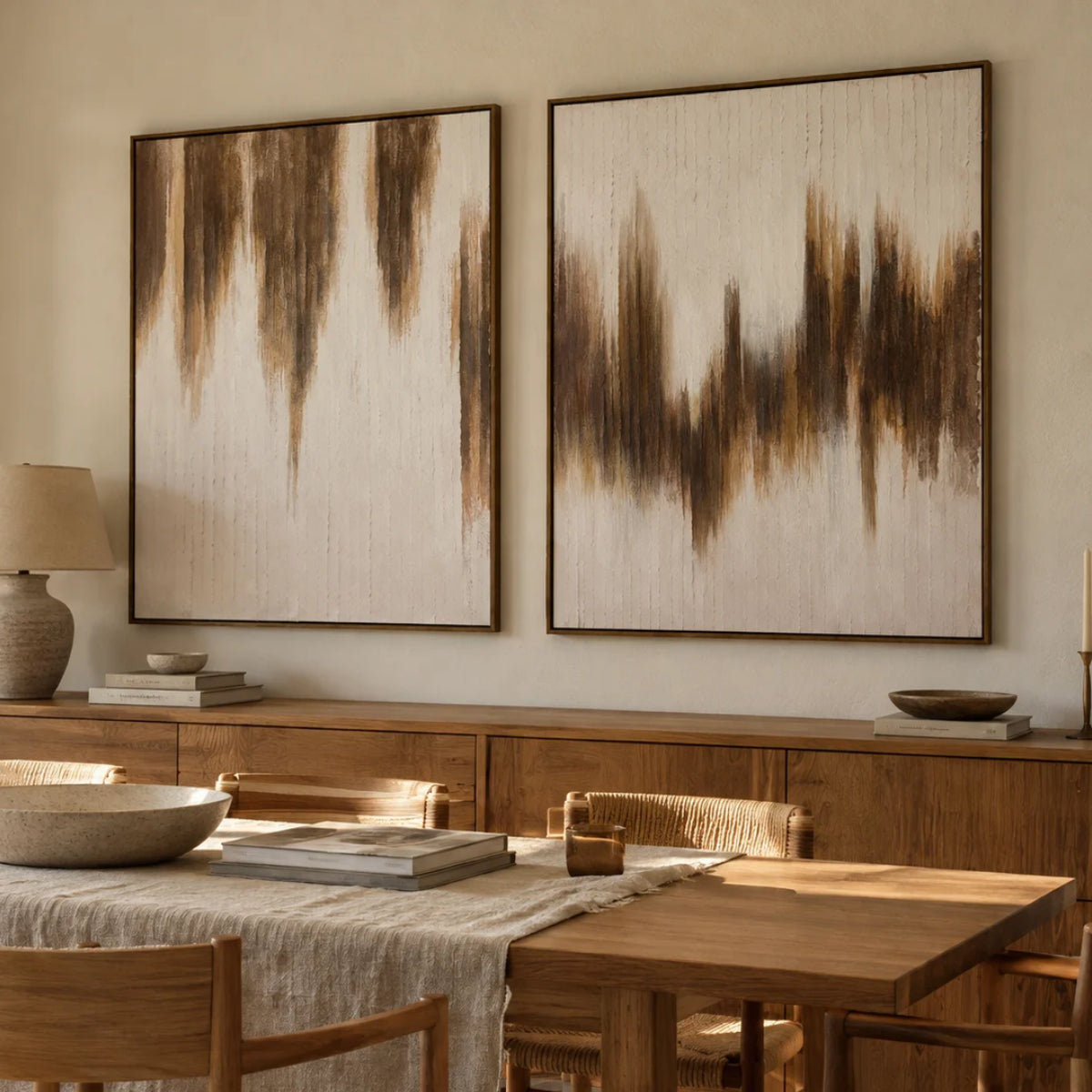 Dos cuadros abstractos de gran formato en tonos blanco, beige y marrón, con pinceladas verticales y marcos finos de madera, decorando un comedor de estilo mediterráneo.