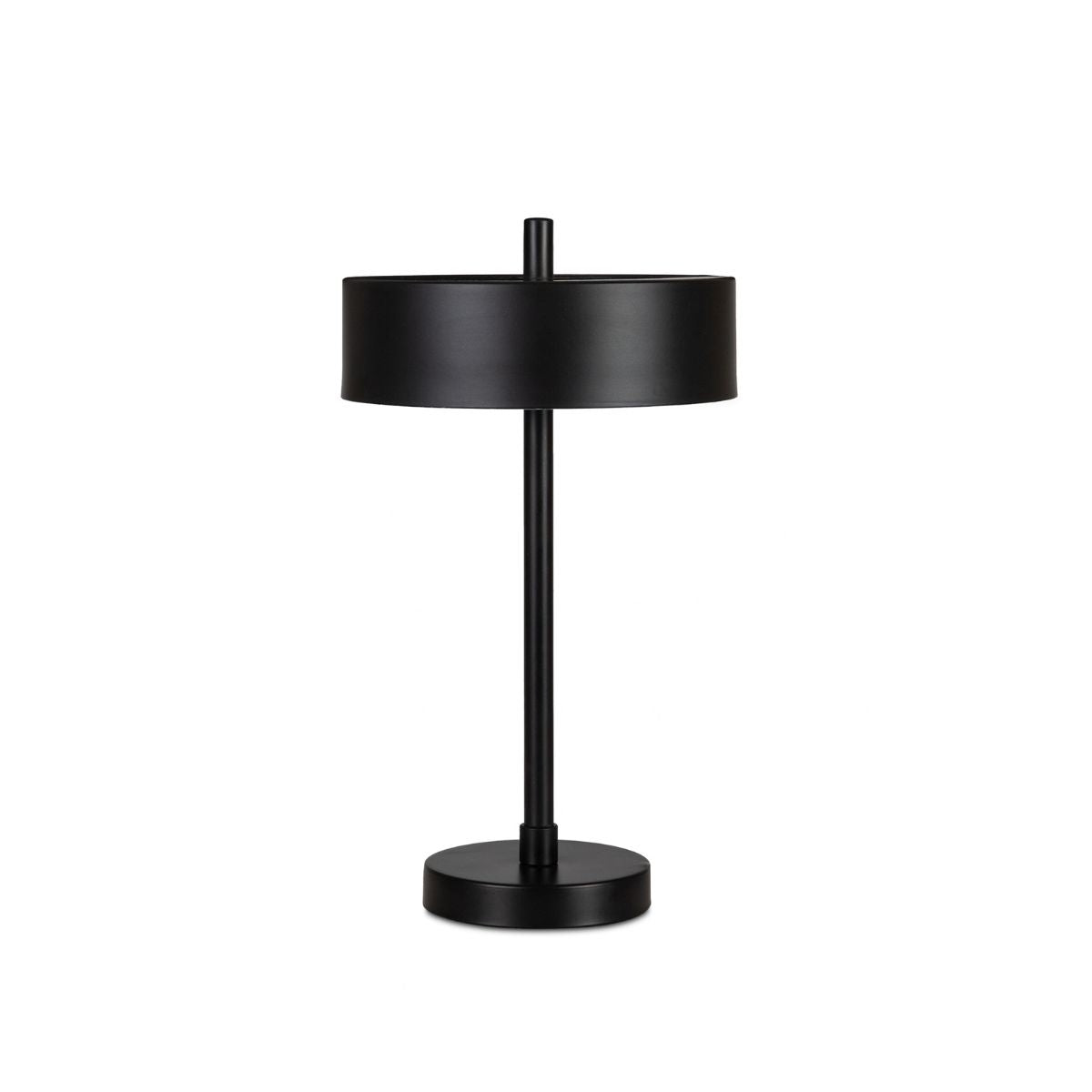 Lámpara de mesa negra de diseño moderno con pantalla circular.