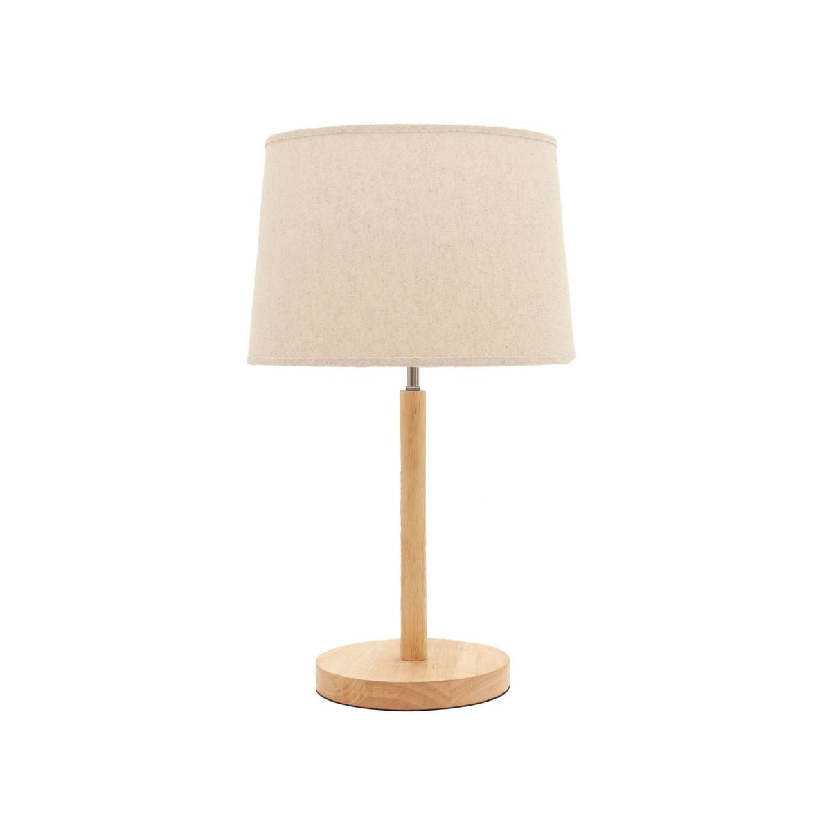 Lámpara de sobremesa de madera natural con base redonda y pantalla de tela beige.