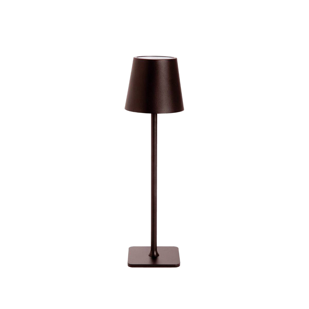 Lámpara de sobremesa marrón recargable con diseño minimalista y base cuadrada.
