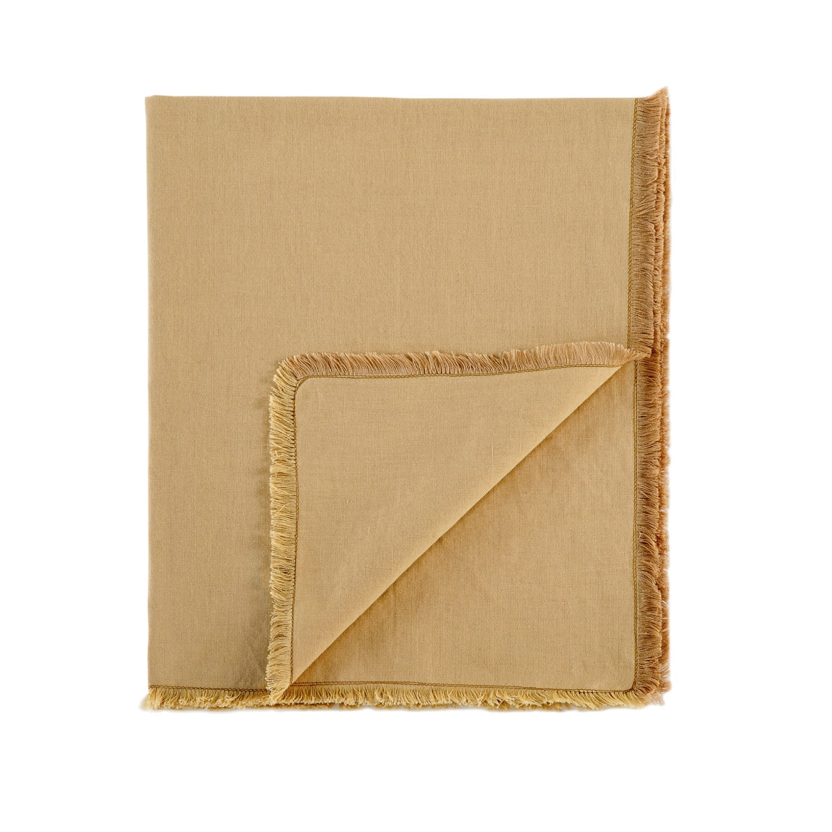 Camino de mesa beige de lino con flecos