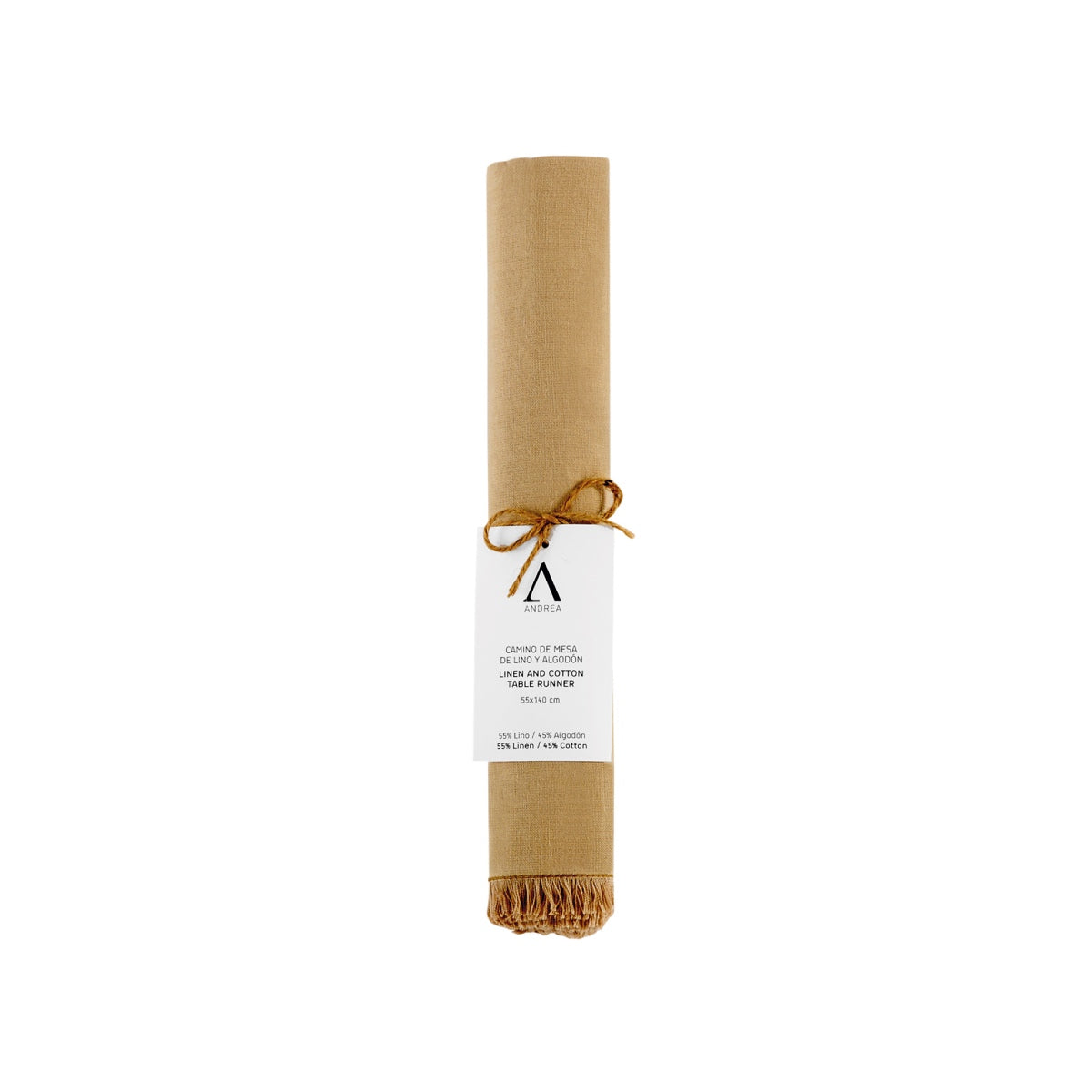 Camino de mesa beige de lino con flecos