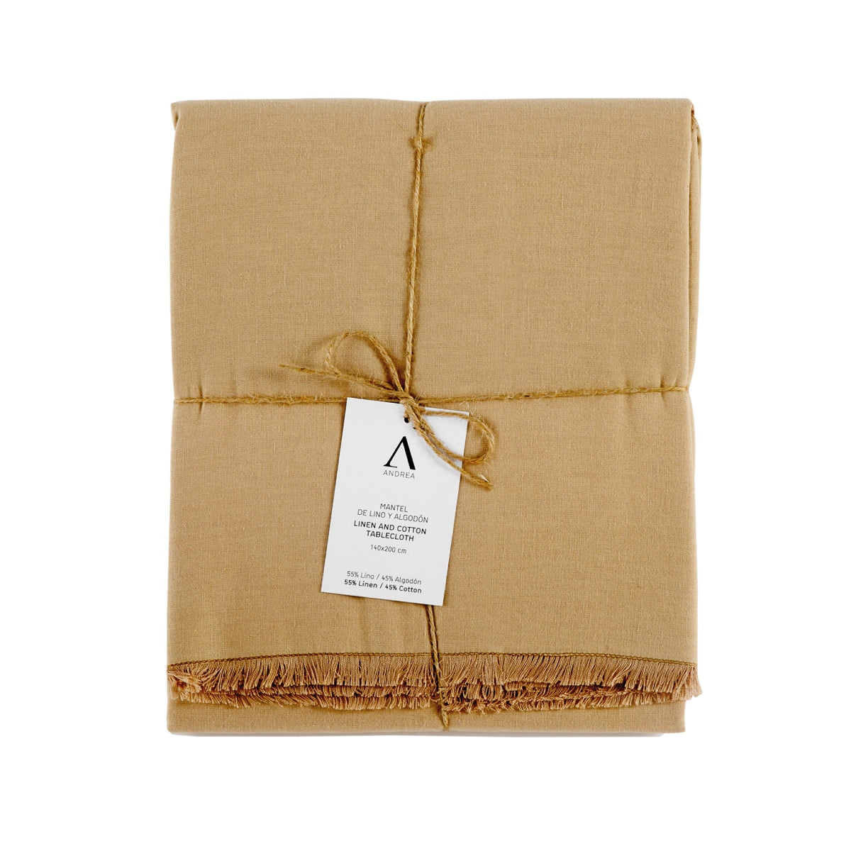 Mantel de mesa beige de lino con flecos 200 cm
